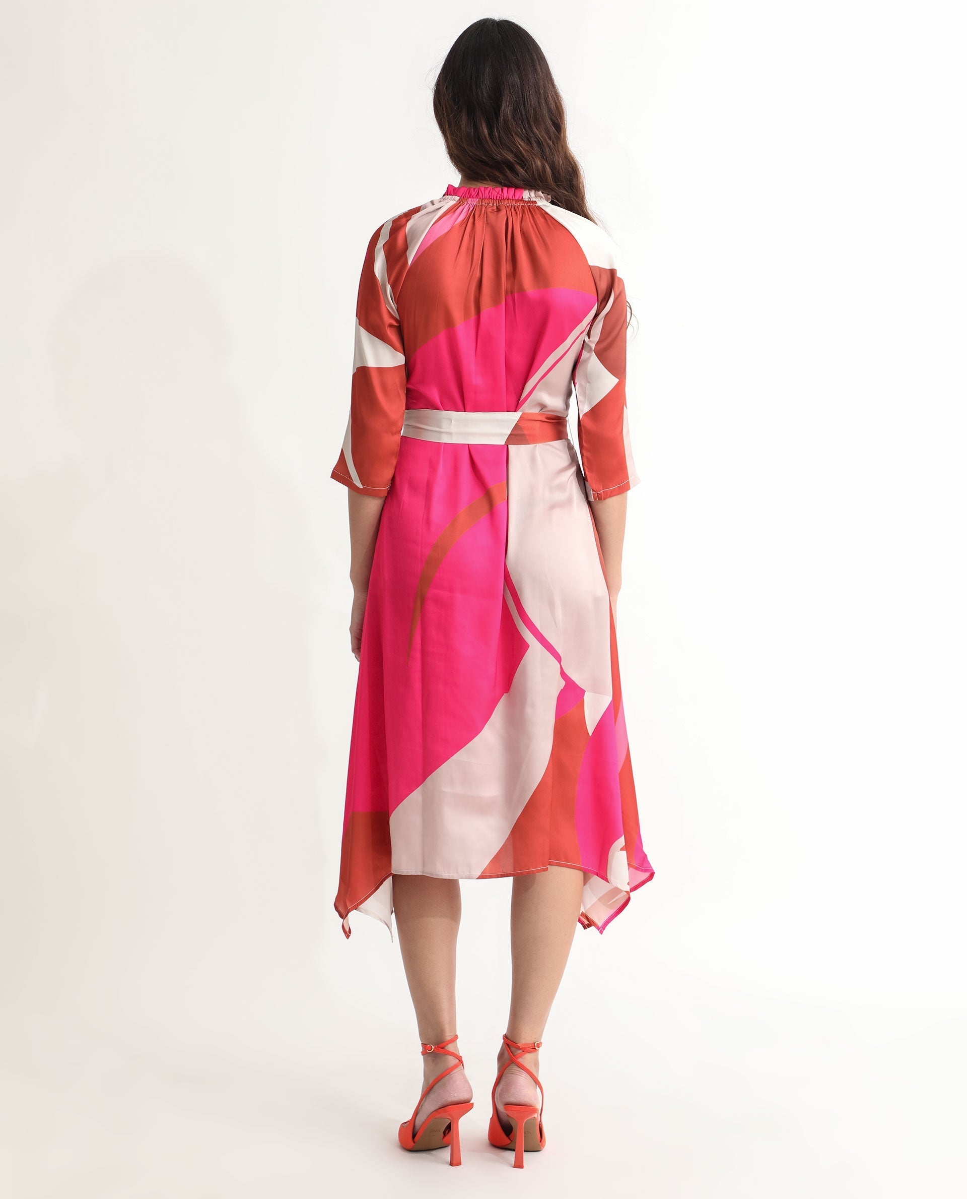 Rareism Women Hughes Light Multi Polyester Fabric Short Sleeves Drawstring Closure Tie-Up Neck Regular Fit Abstract Print Knee Length Asymmetric Dress