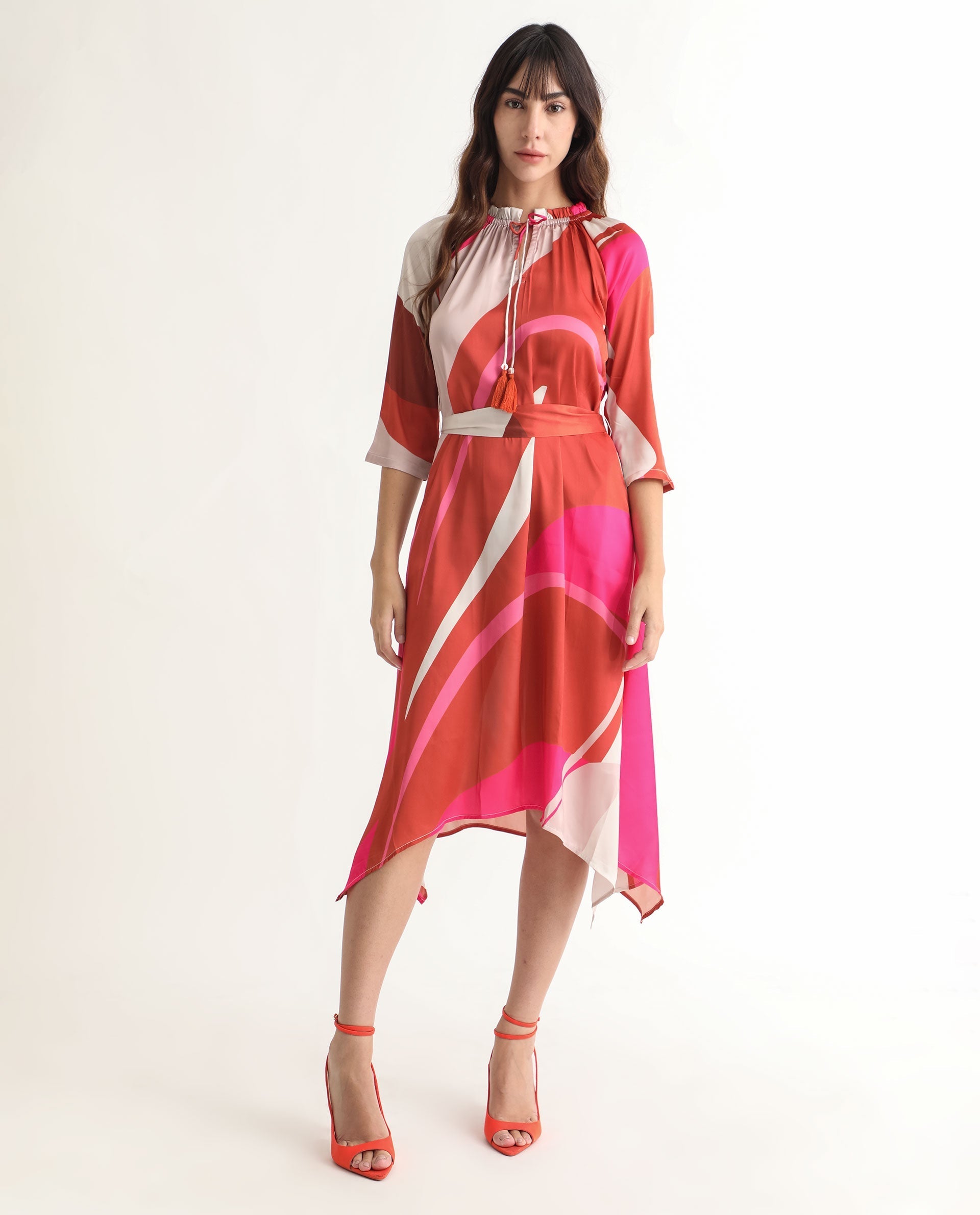 Rareism Women Hughes Light Multi Polyester Fabric Short Sleeves Drawstring Closure Tie-Up Neck Regular Fit Abstract Print Knee Length Asymmetric Dress