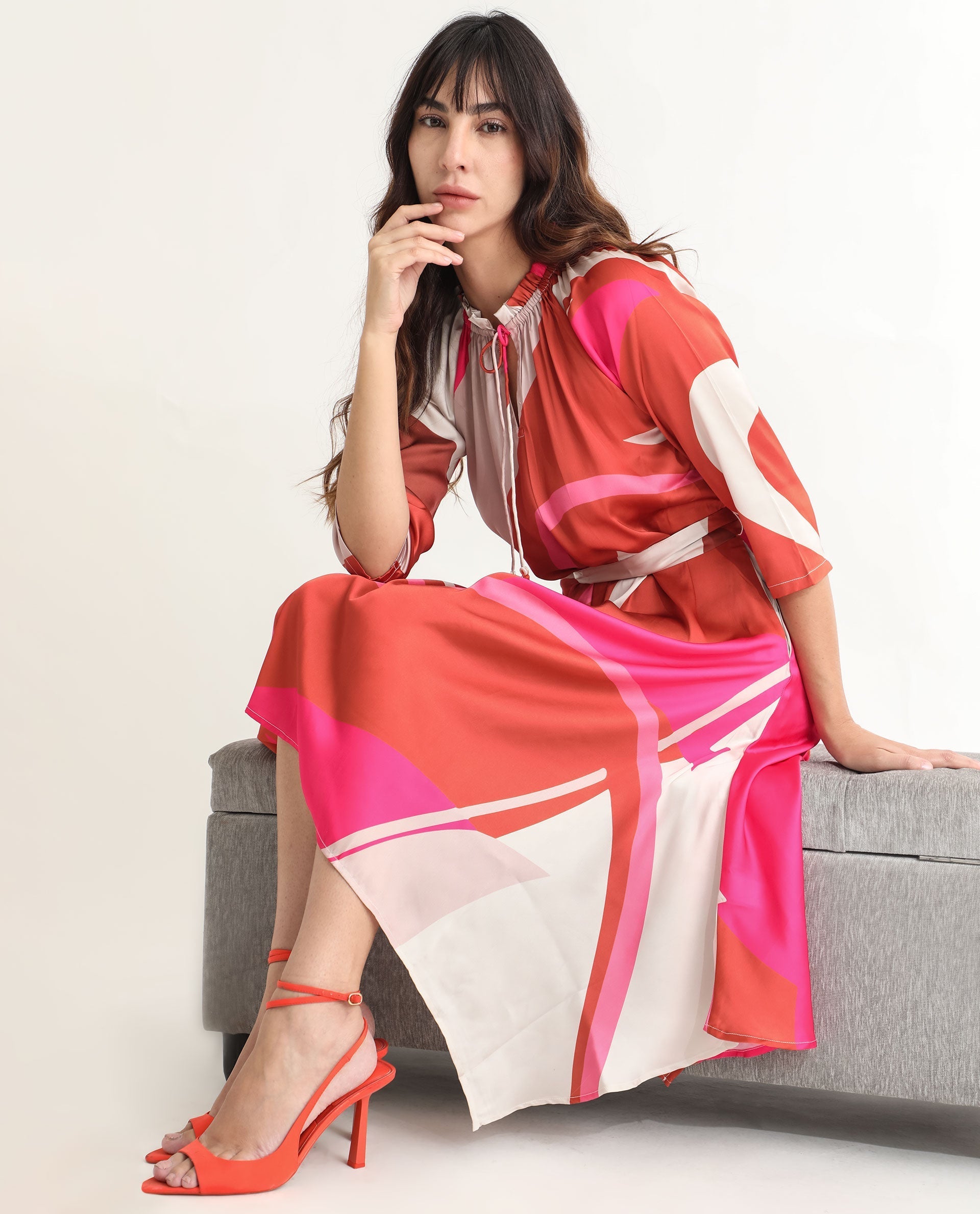 Rareism Women Hughes Light Multi Polyester Fabric Short Sleeves Drawstring Closure Tie-Up Neck Regular Fit Abstract Print Knee Length Asymmetric Dress
