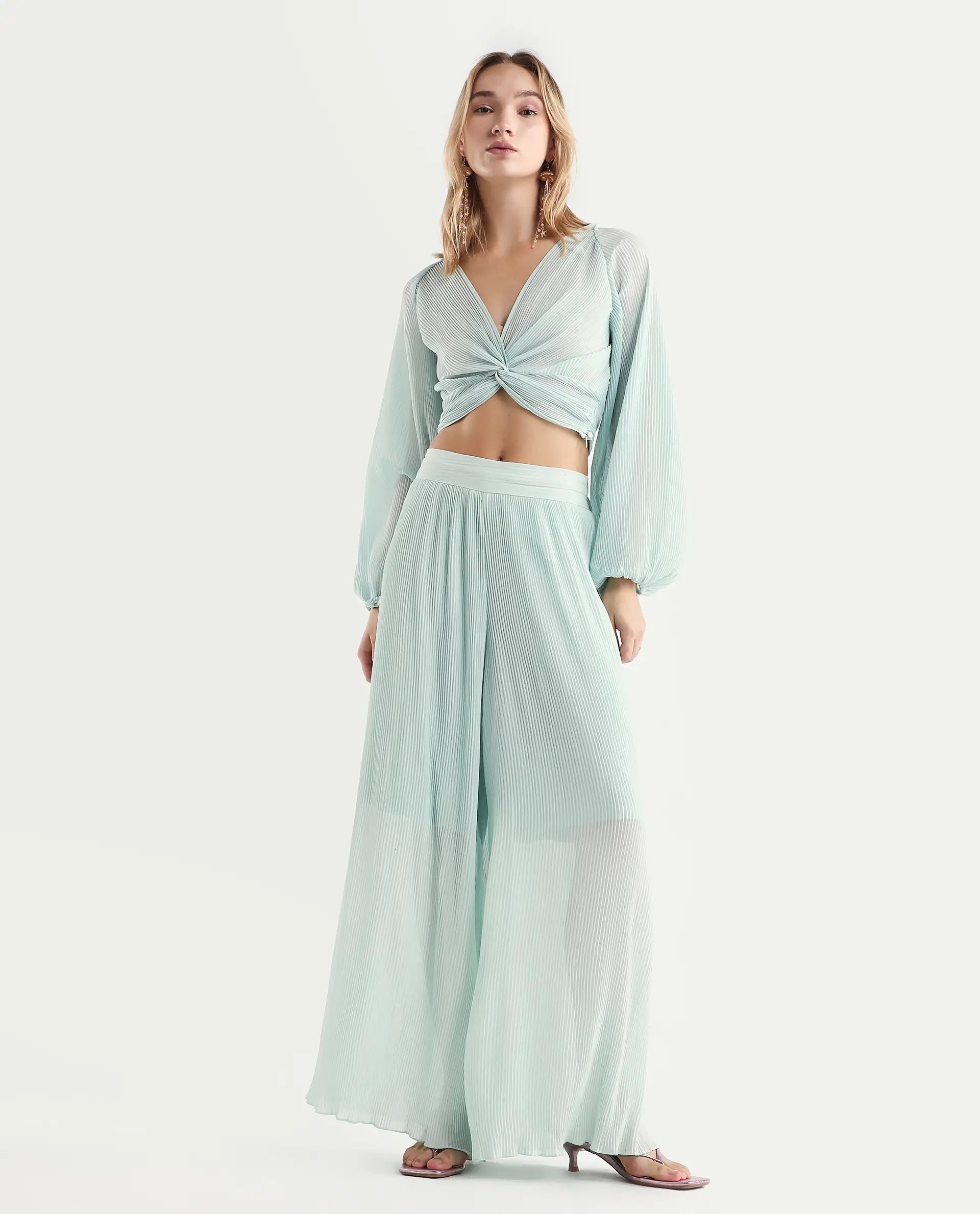 Rareism Women's Humphre-B Pastel Green Polyester Plain Ankle Length Flared Trouser