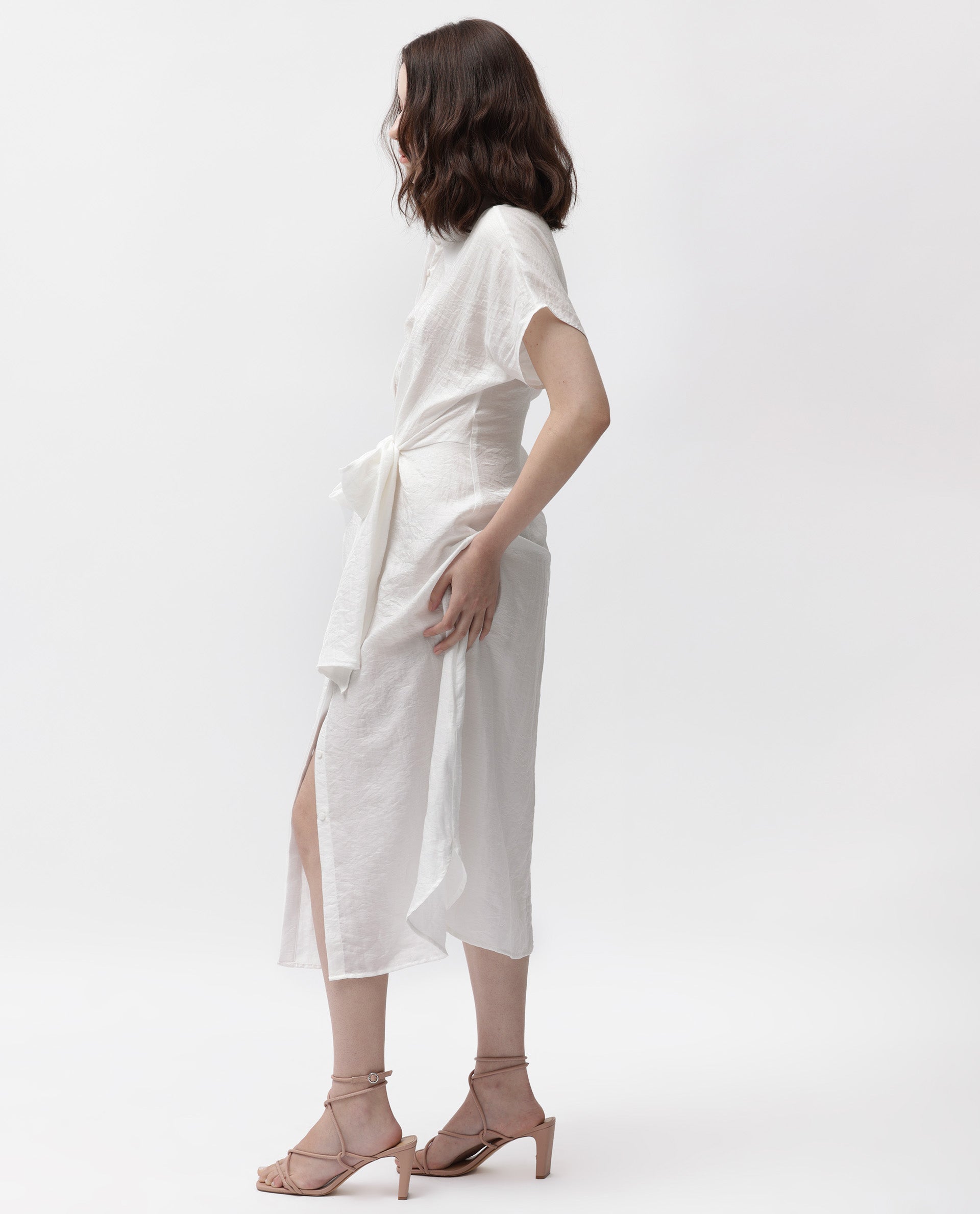 Rareism Women's Husen Dark White Polyester Blend Spread Collar Plain Midi Regular Fit Dress