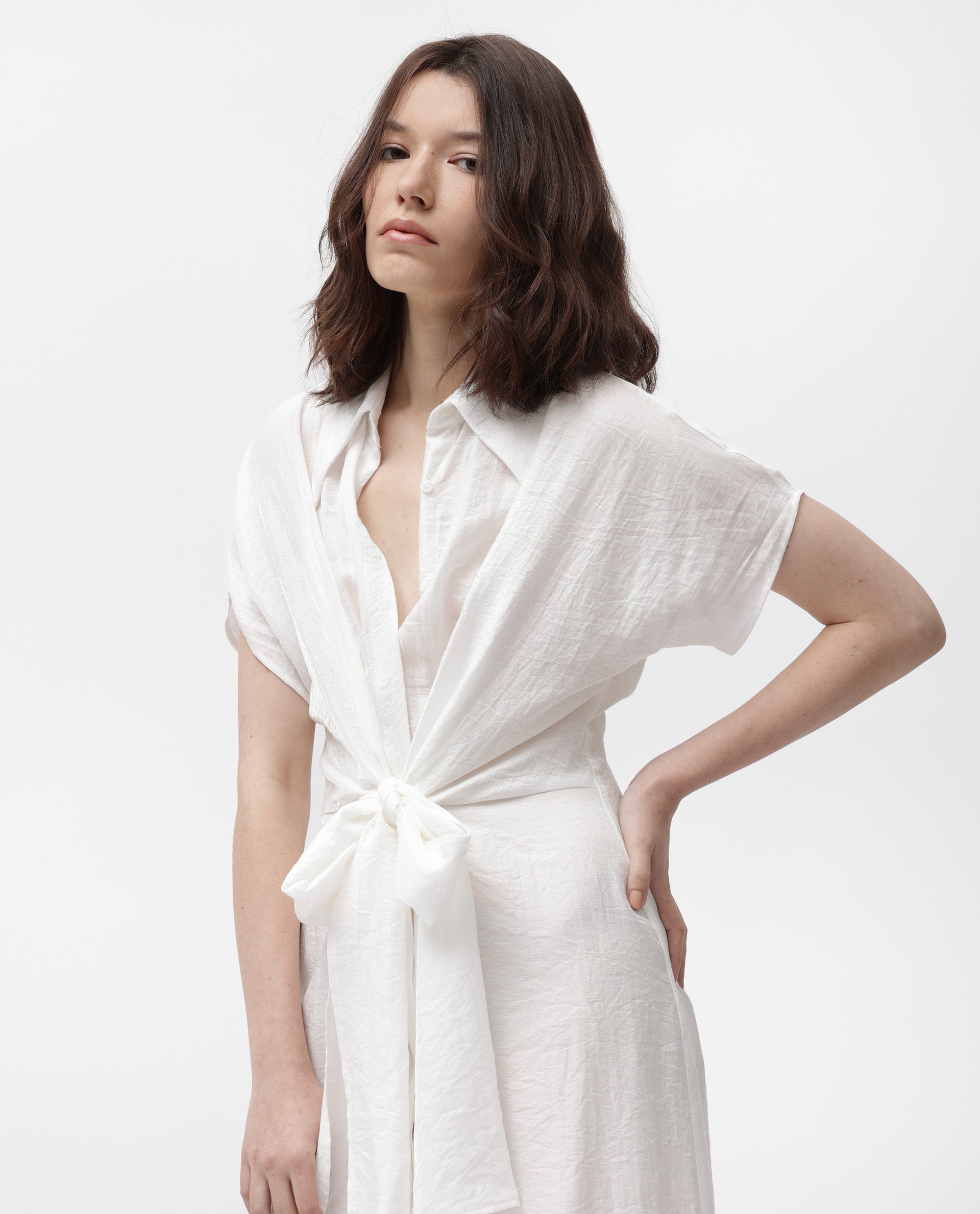 Rareism Women's Husen Dark White Polyester Blend Spread Collar Plain Midi Regular Fit Dress