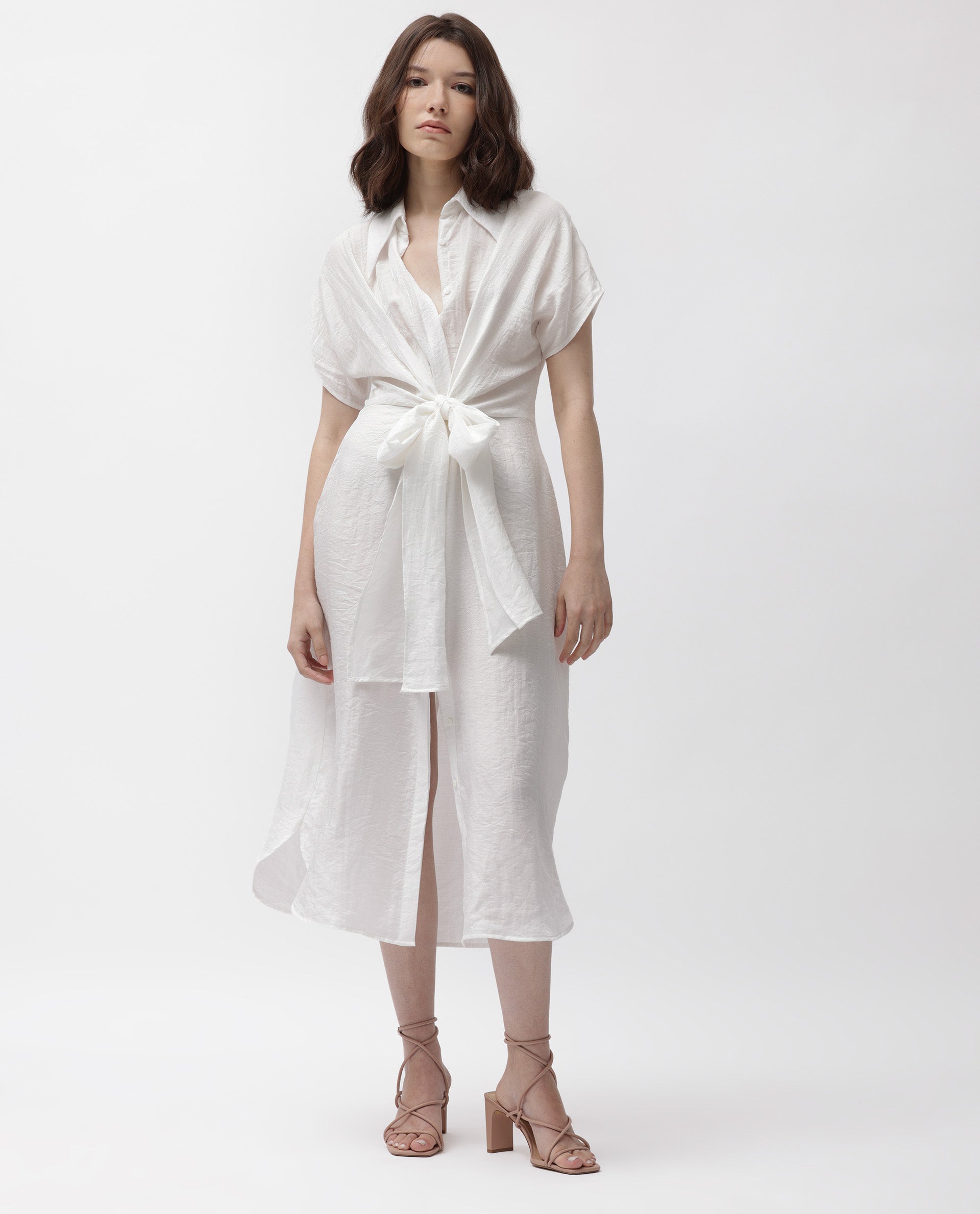 Rareism Women's Husen Dark White Polyester Blend Spread Collar Plain Midi Regular Fit Dress