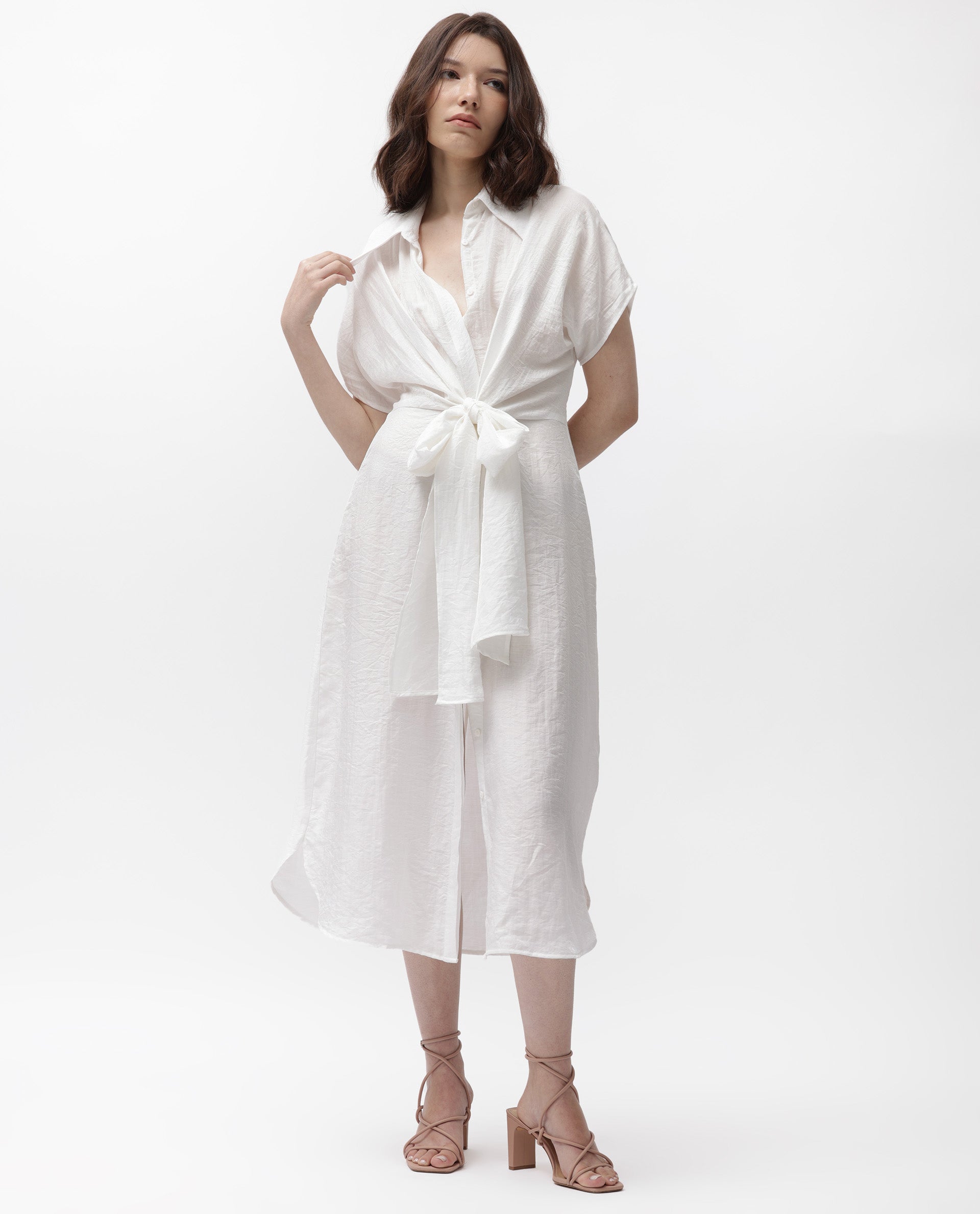 Rareism Women Husen Dark White Poly Viscose Fabric Short Sleeves Tie-Up Closure Shirt Collar Regular Fit Plain Midi A-Line Dress