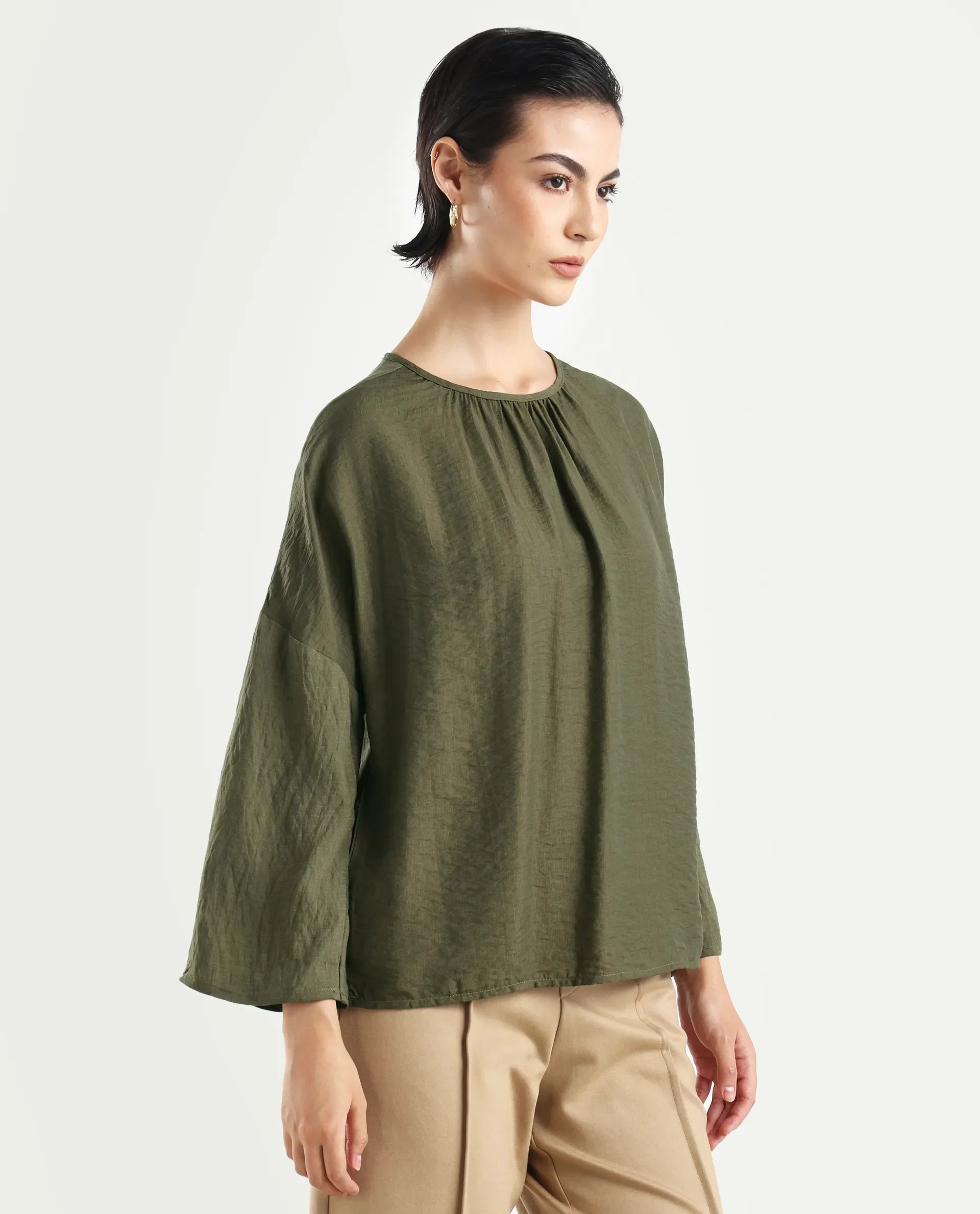Rareism Women's Husik Olive Viscose Blend Crew Neck Plain Raglan Sleeve Relaxed Fit Top