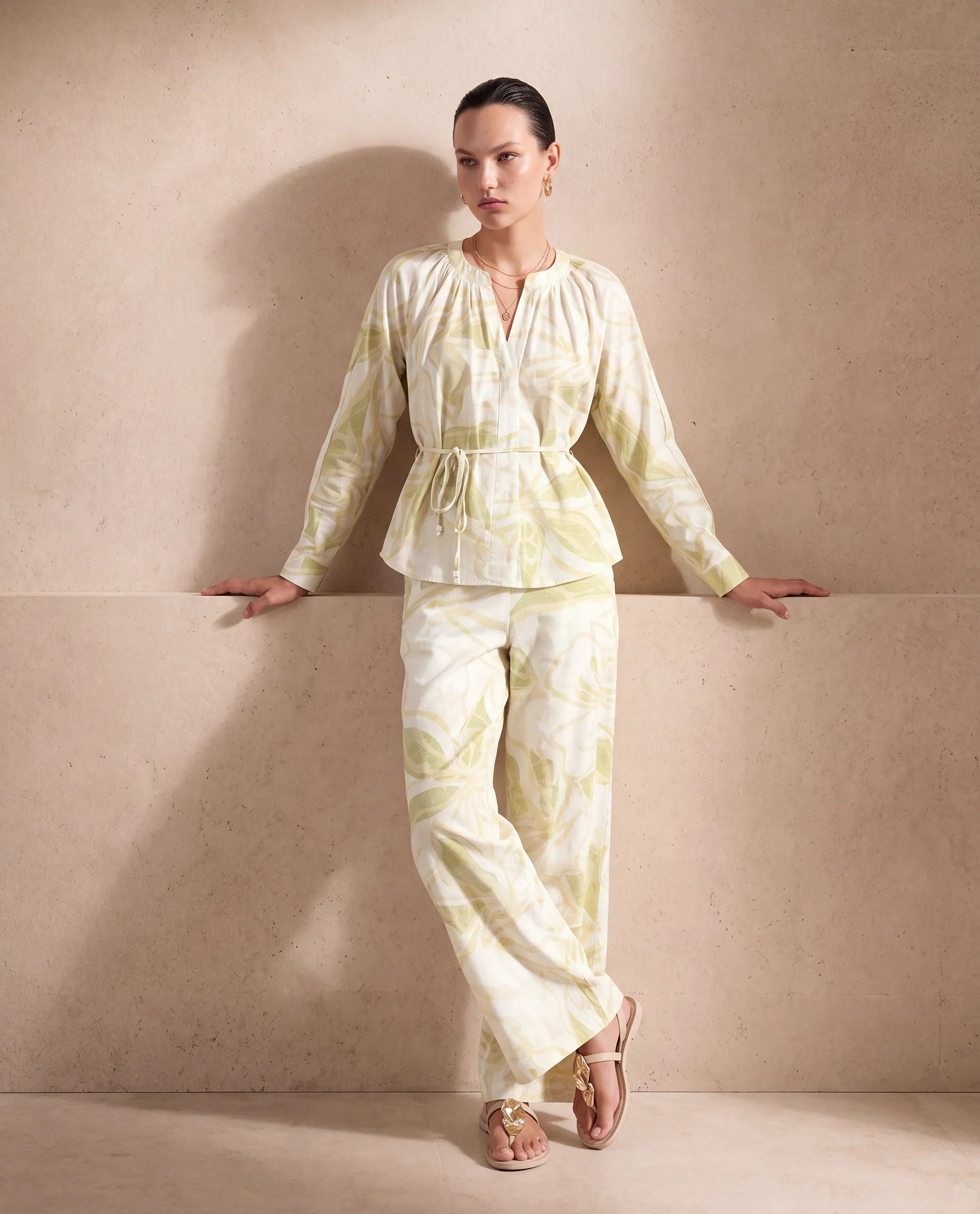 Rareism Women's Hyce-B Light Green Cotton Satin Wide Leg Abstract Print Trouser