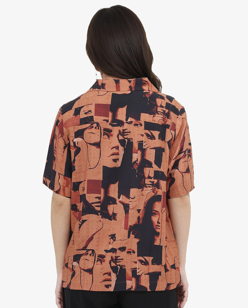 Rareism Women Hagen Brown Short Sleeve Collared Neck  Relaxed Fit Abstract Print Shirt