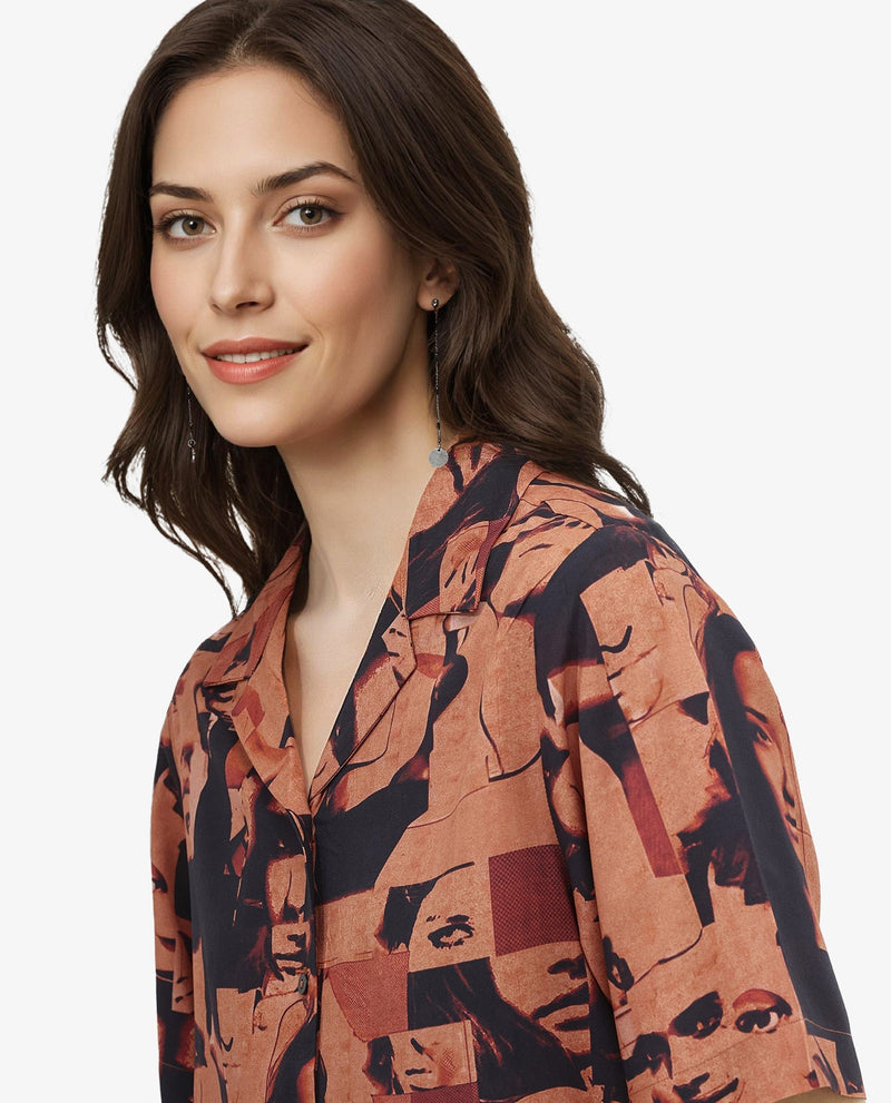 Rareism Women Hagen Brown Short Sleeve Collared Neck  Relaxed Fit Abstract Print Shirt