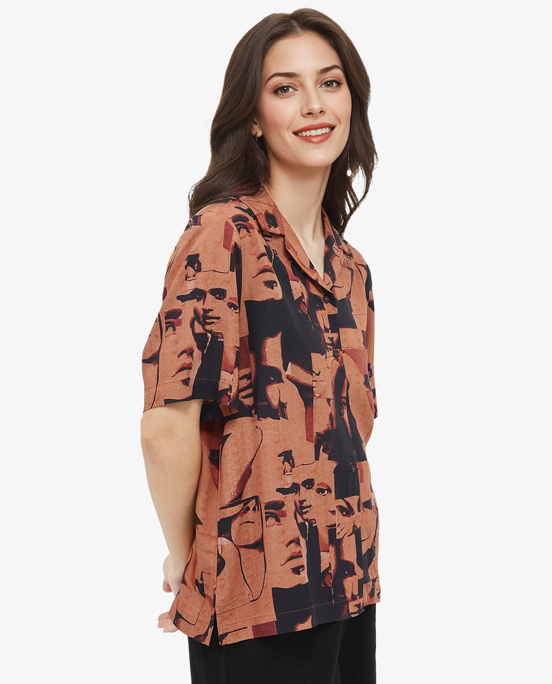 Rareism Women Hagen Brown Short Sleeve Collared Neck  Relaxed Fit Abstract Print Shirt