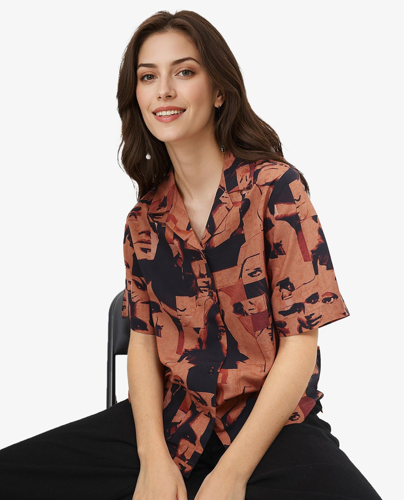 Rareism Women Hagen Brown Short Sleeve Collared Neck  Relaxed Fit Abstract Print Shirt