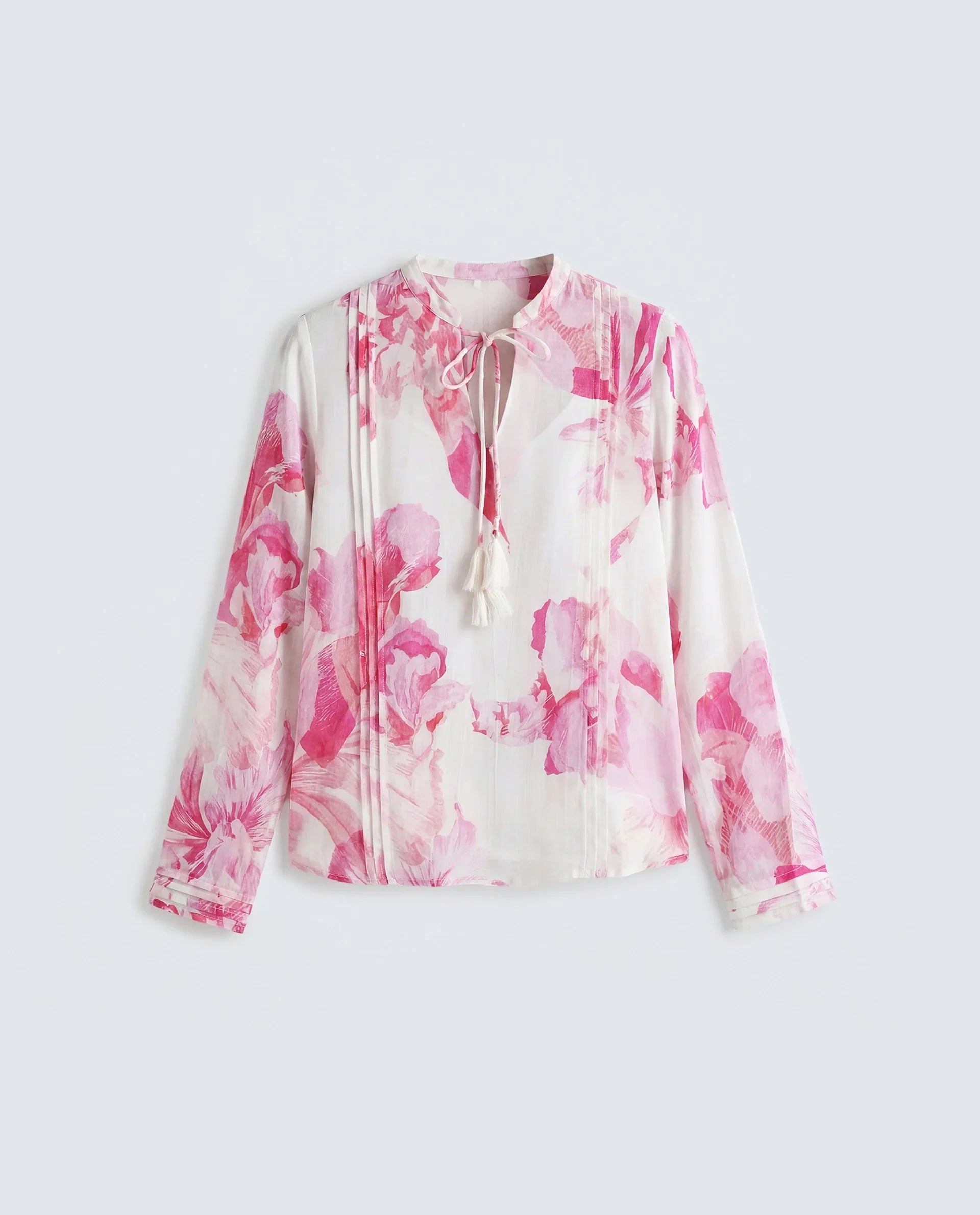 Rareism Women's Mijok Off White Viscose Full Sleeve Tie-Up Regular Floral Print Top