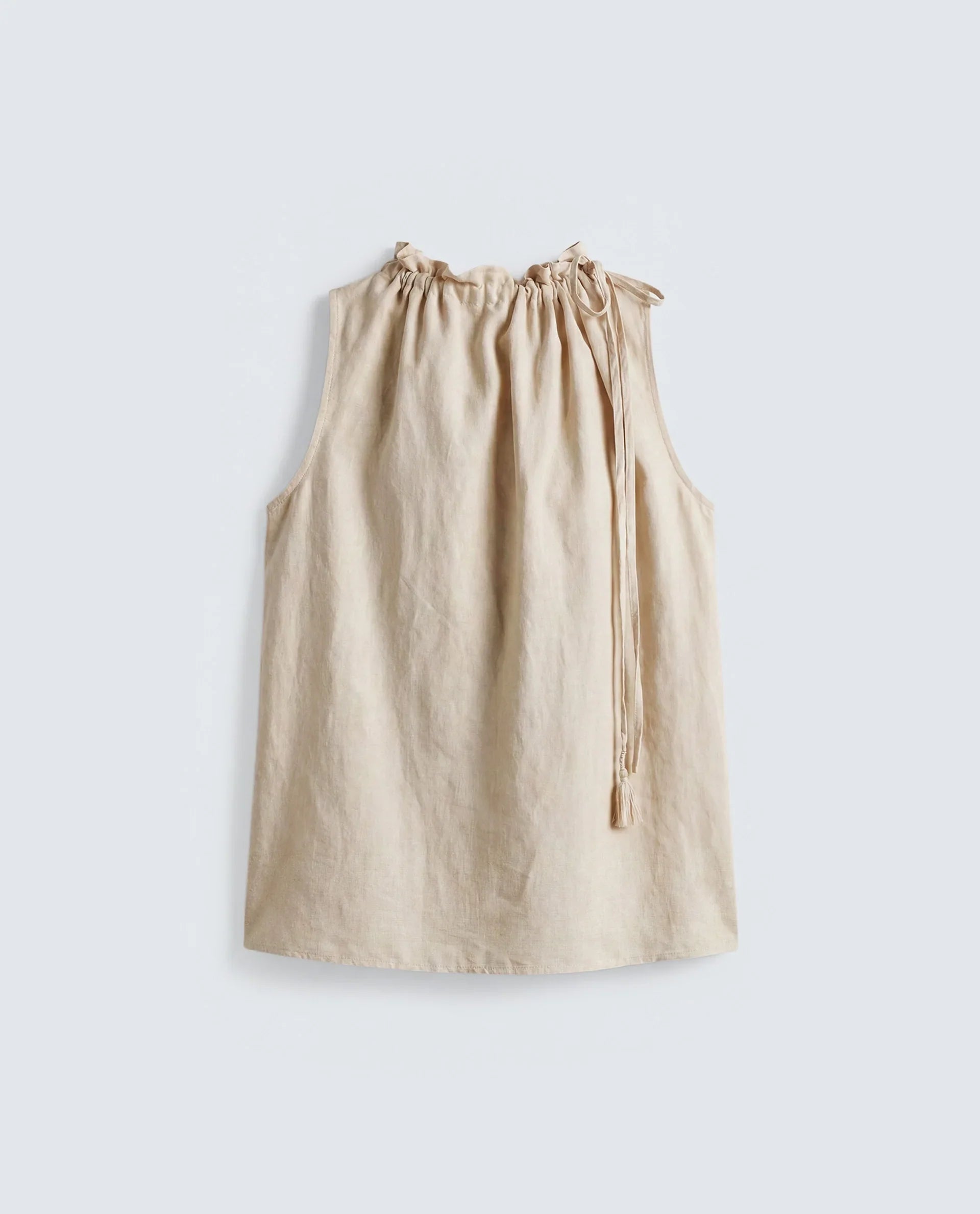 Rareism Women's Russo Beige Linen Blend Ruffled Neck Relaxed Plain Top