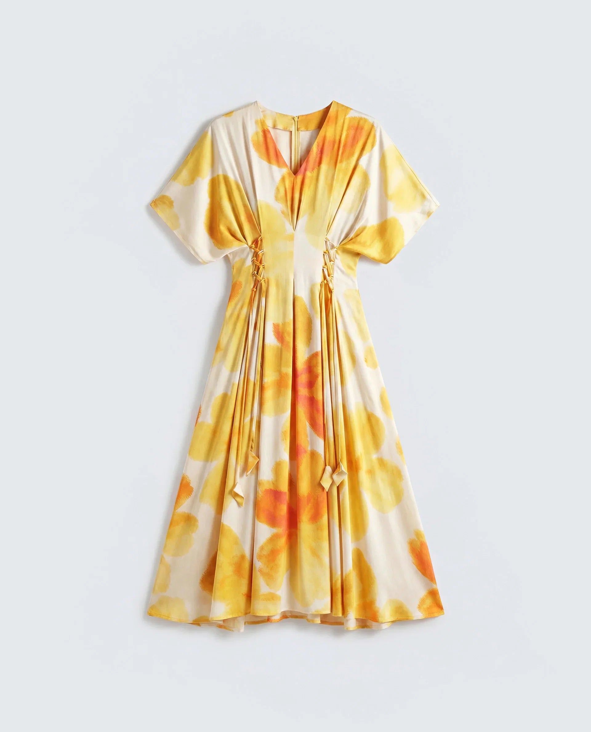 Rareism Women's Ruves Yellow Viscose V-Neck Fit And Flare Floral Print Dress