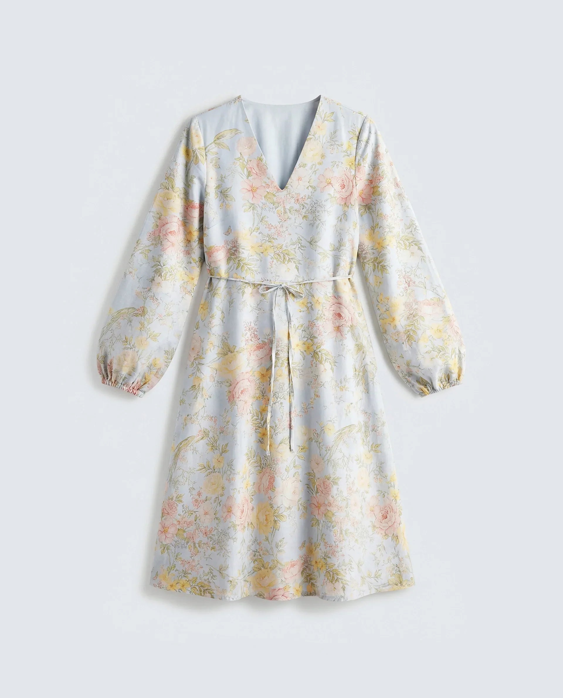 Rareism Women's Ruzim Pastel Blue Viscose Blend Fabric V-Neck Fit And Flare Floral Print Dress