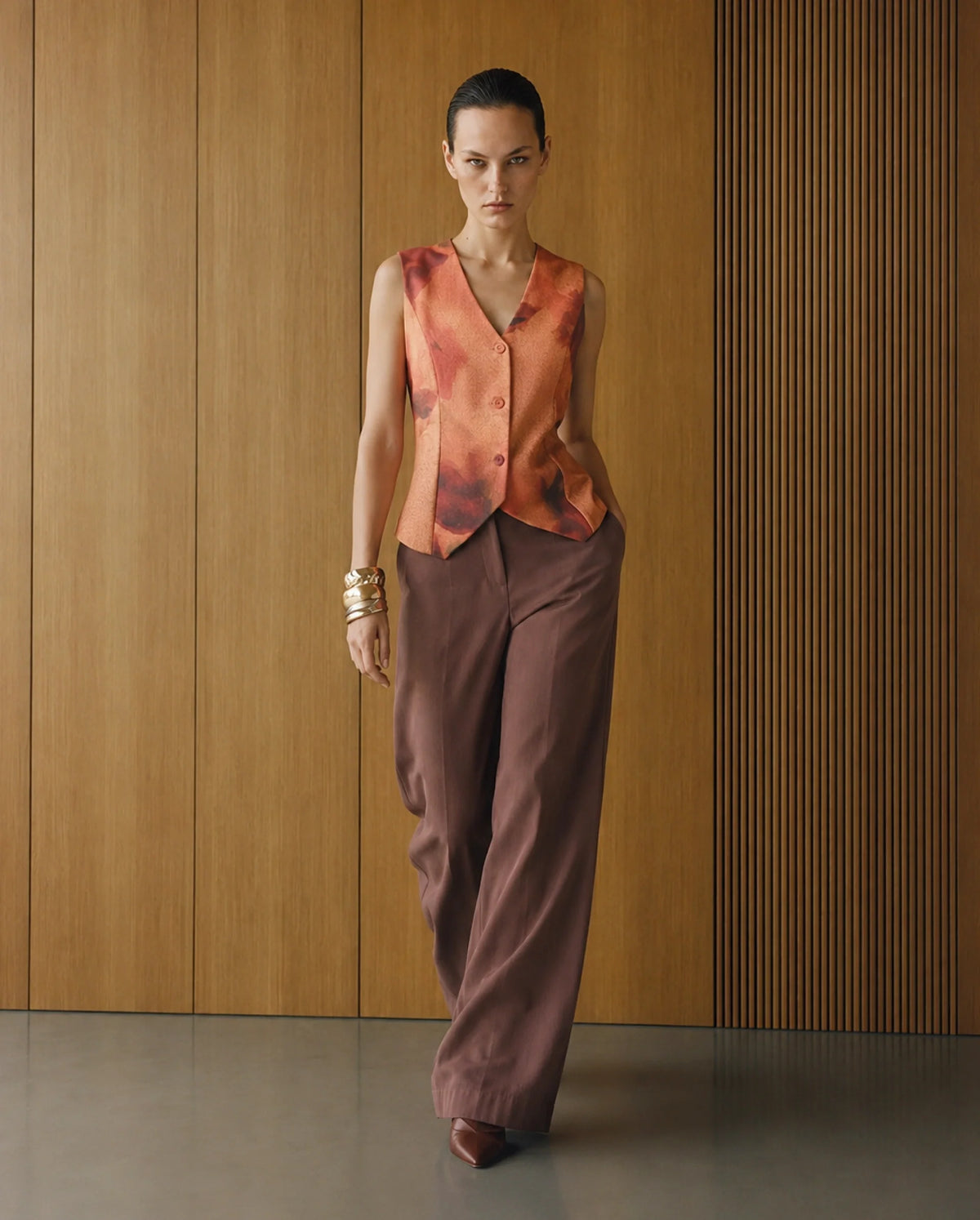 Rareism Women's Glyn-B Rust Cotton Button And Zip Wide Trouser