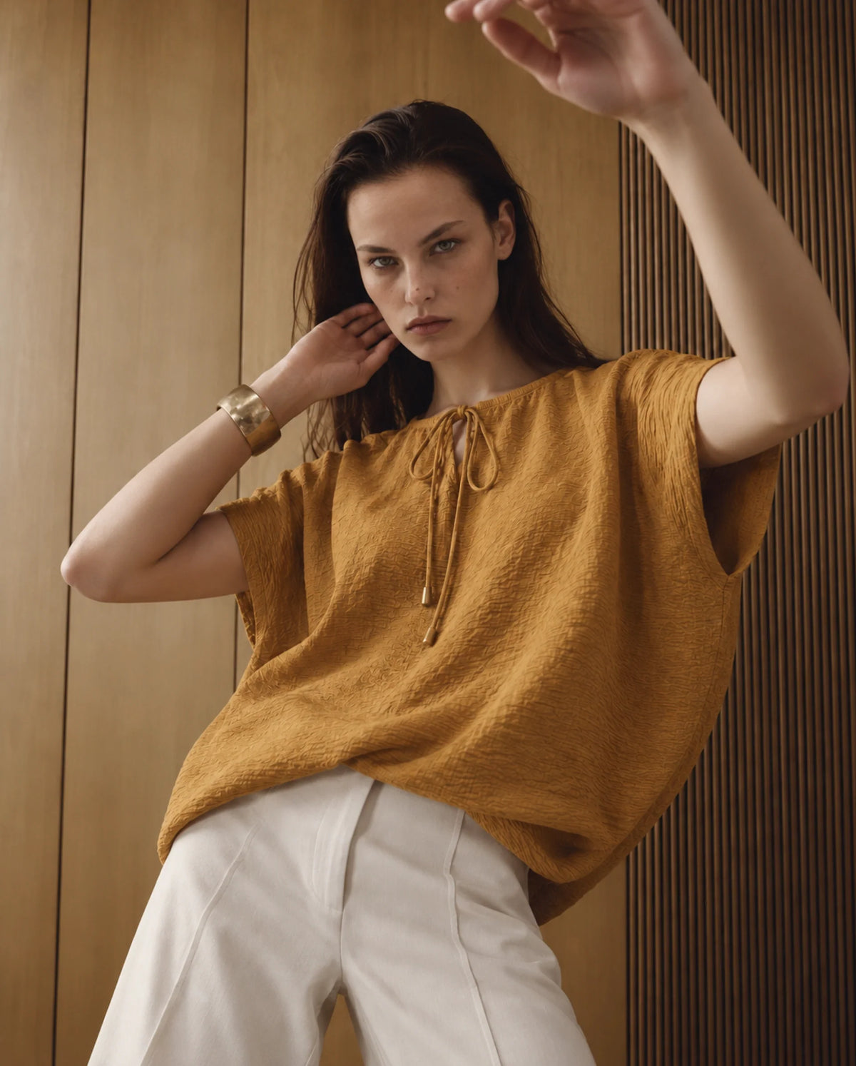 Rareism Women's Siba Mustard Viscose Blend Tie-Up Tie-Up Relaxed Plain Top