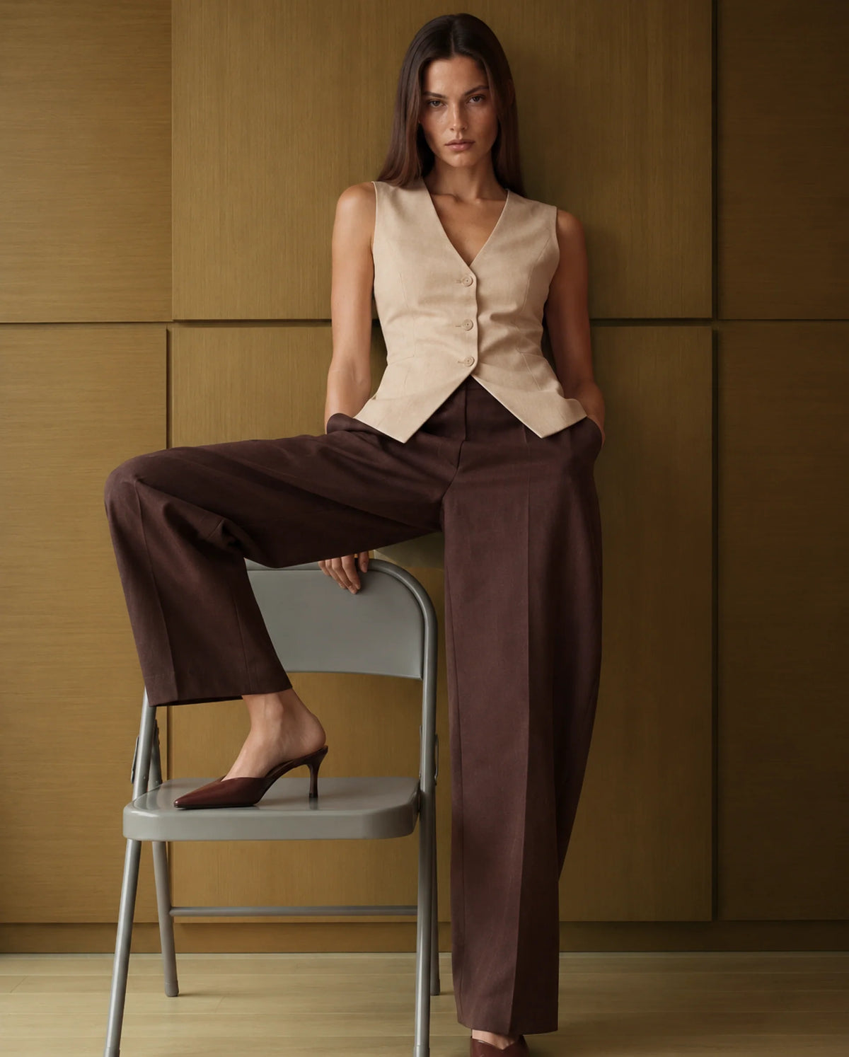 Rareism Women's Stem Dark Brown Cotton Button And Zip Straight Trouser