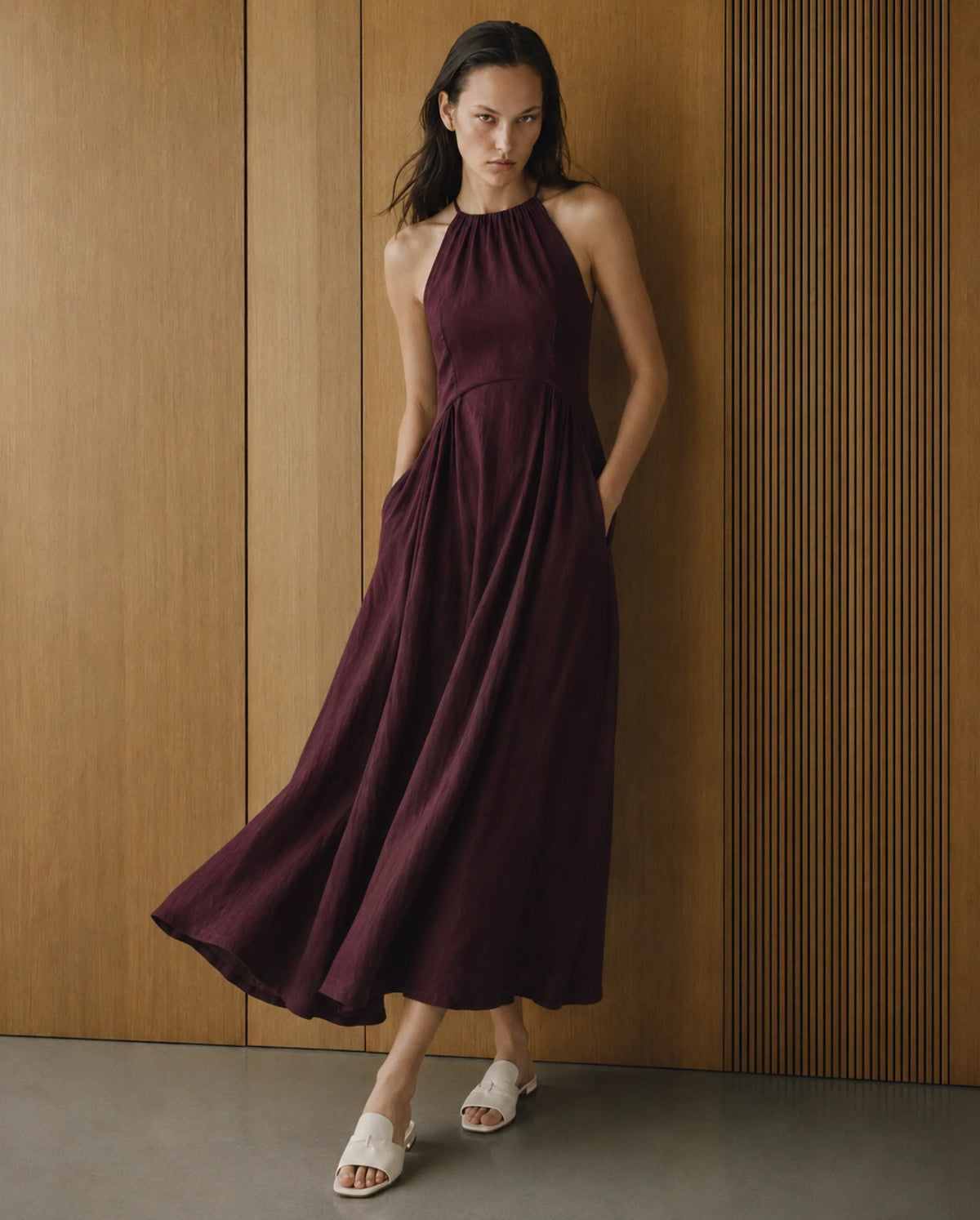 Rareism Women's Xabot Maroon Viscose Blend Halter Neck Sheath Plain Dress