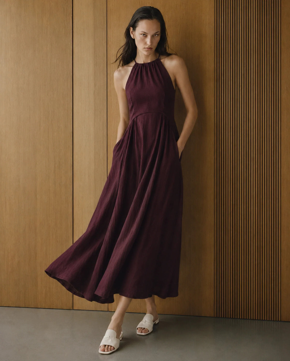Rareism Women's Xabot Maroon Viscose Blend Halter Neck Sheath Plain Dress