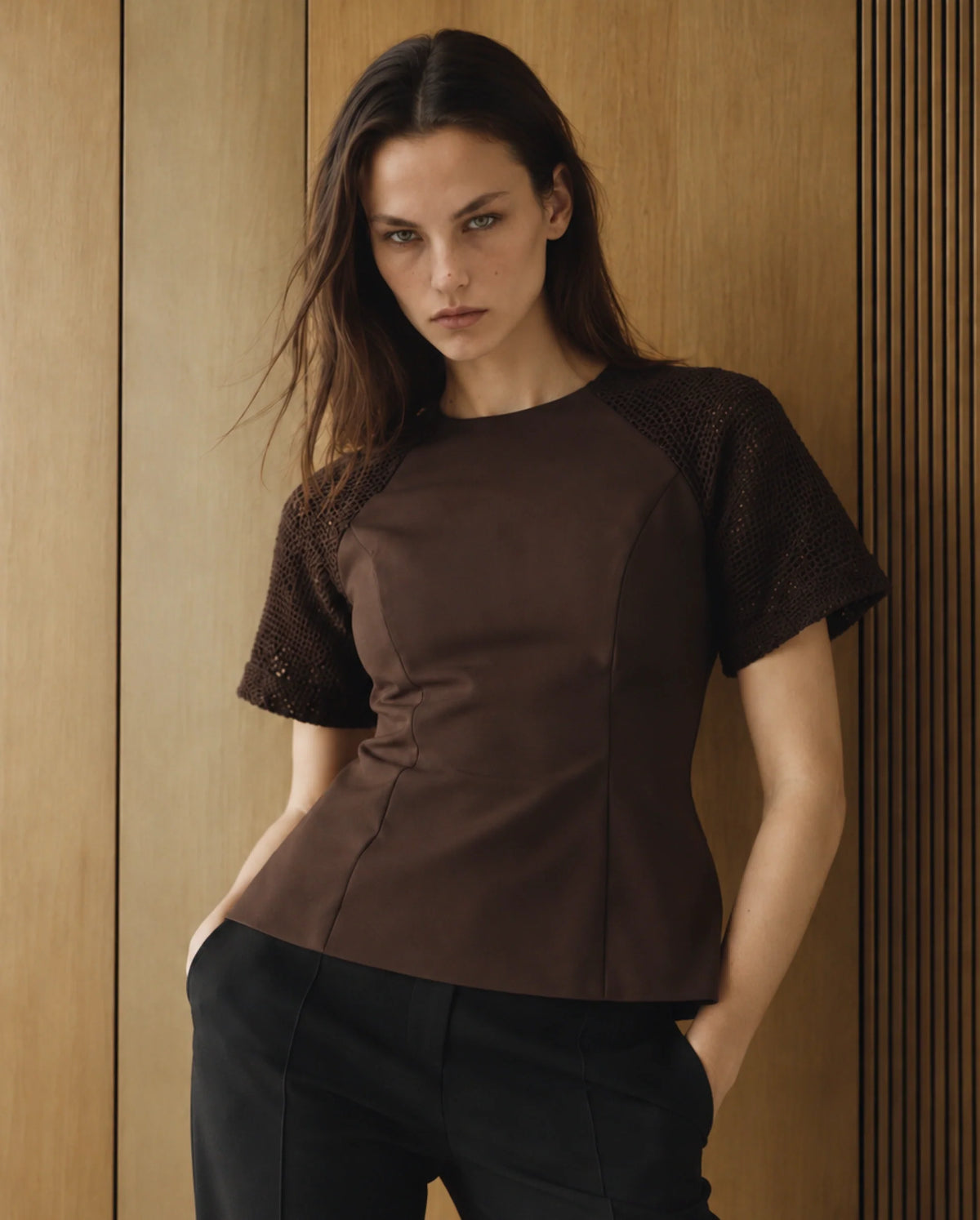 Rareism Women's Yoru Brown Cotton Button And Zip Regular Fit Top