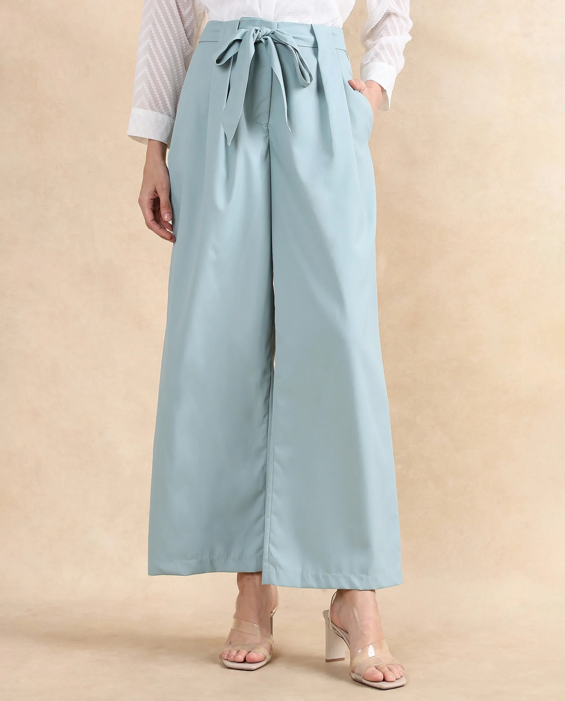 Rareism Women Imany Light Teal Polyester Viscose Fabric Zipper Closure Wide Fit Ankle Length Plain Trouser