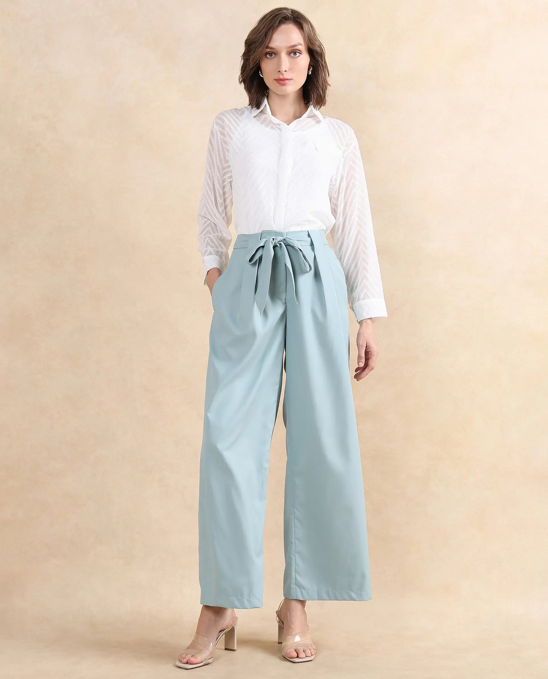 Rareism Women Imany Light Teal Polyester Viscose Fabric Zipper Closure Wide Fit Ankle Length Plain Trouser