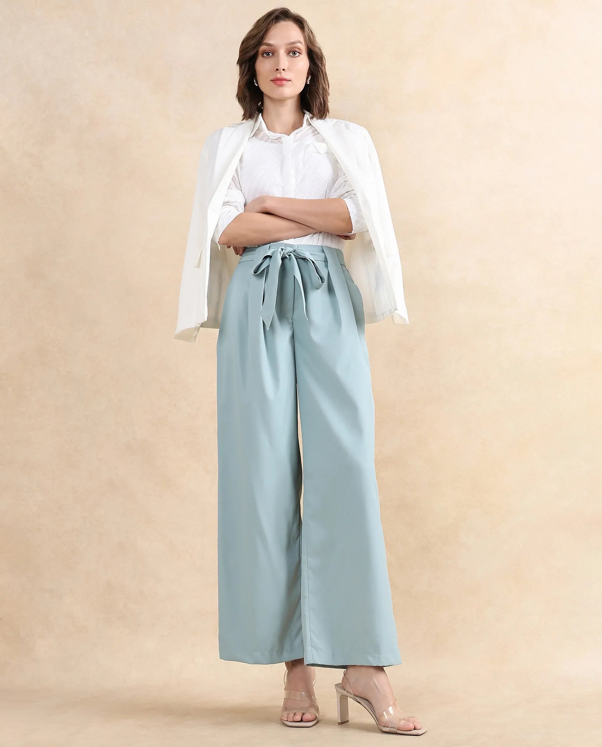 Rareism Women Imany Light Teal Polyester Viscose Fabric Zipper Closure Wide Fit Ankle Length Plain Trouser