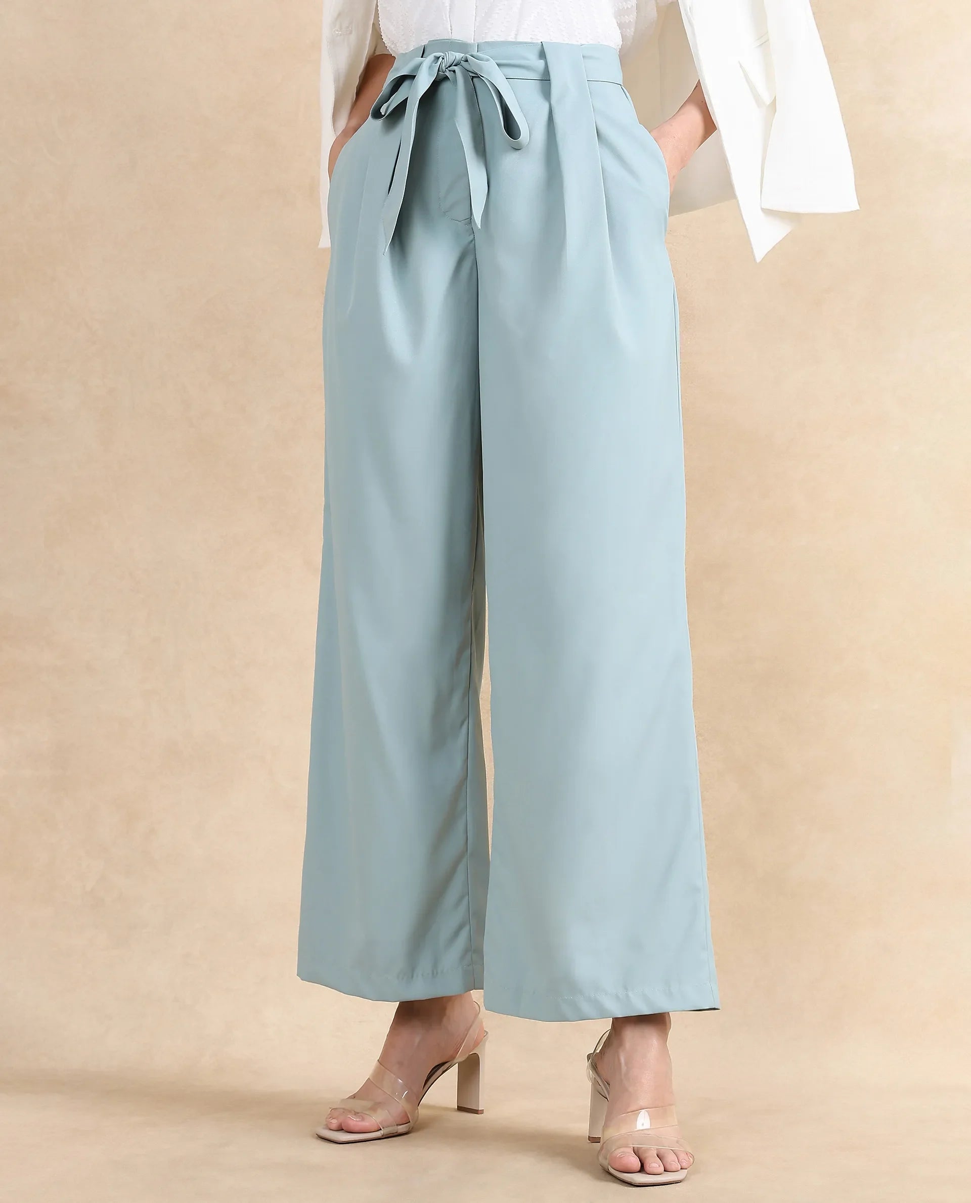 Rareism Women Imany Light Teal Polyester Viscose Fabric Zipper Closure Wide Fit Ankle Length Plain Trouser