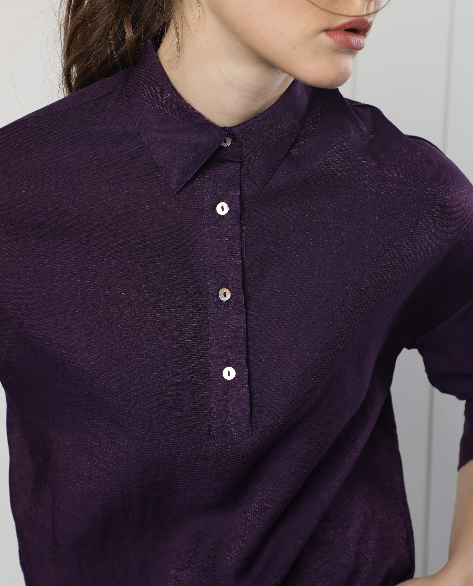 Rareism Women Velynn Dark Purple Polyester Fabric Regular Fit Shirt Collar 3/4Th Sleeves Solid Top
