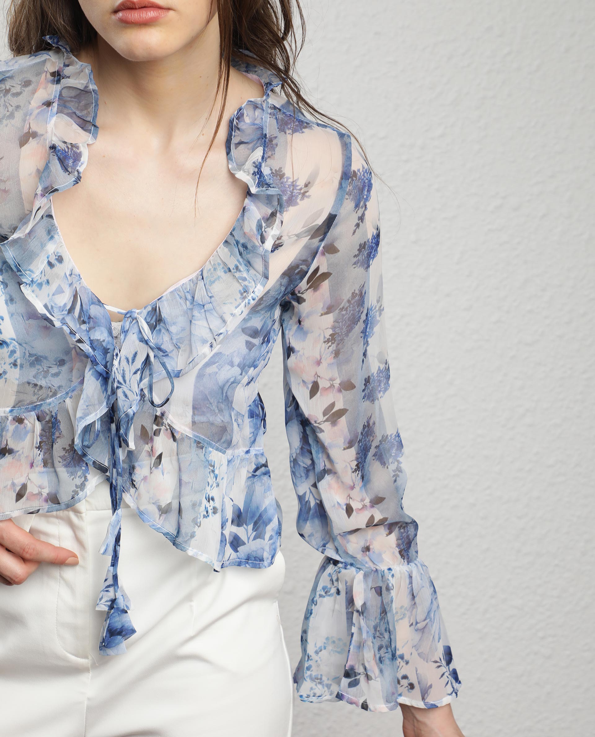 Rareism Women Julieta Light Blue Polyester Fabric Full Sleeves Drawstring Closure V-Neck Bell Sleeve Regular Fit Abstract Print Shrug