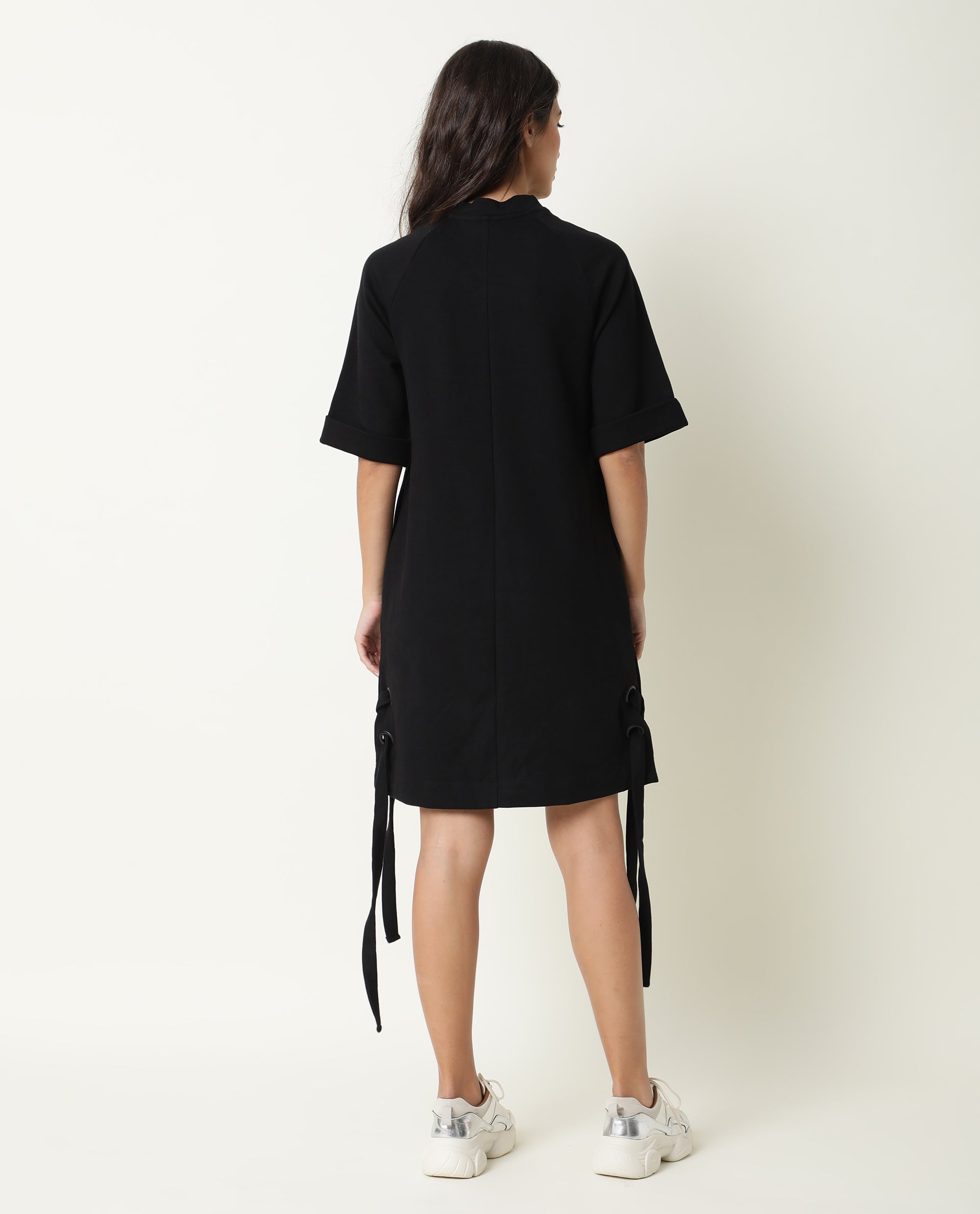 Rareism Womens Inari Black Dress Cotton Fabric Normal Fit Raglan Sleeves Round Neck