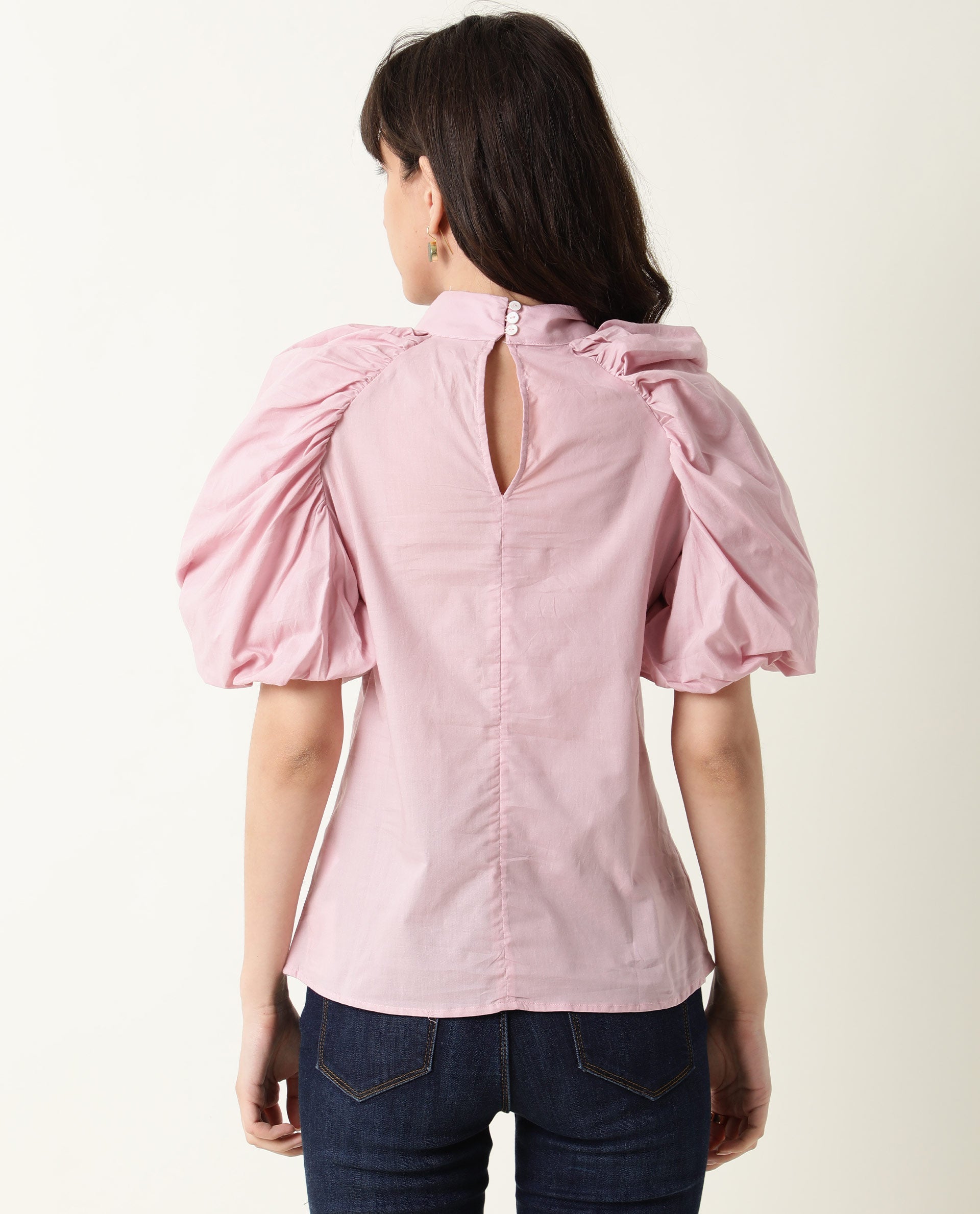 Rareism Womens Bobby Pink Top Cotton Fabric  Half Sleeve High Neck