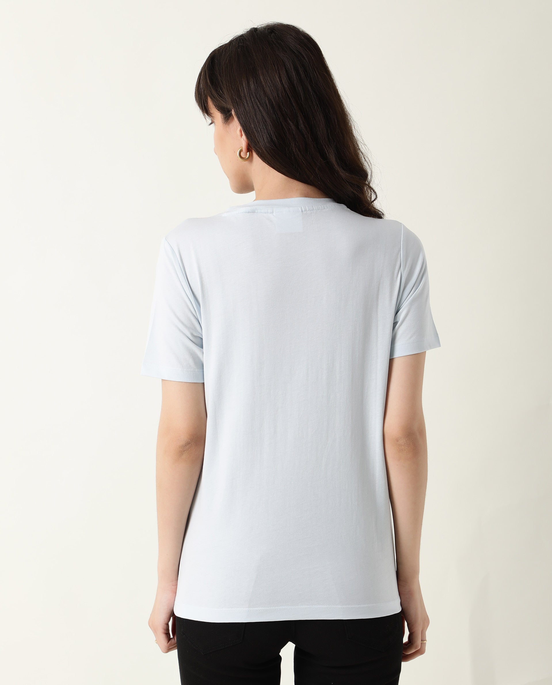 Rareism Women Gulf Pastel Blue Cotton Fabric Regular Fit Half Sleeves Graphic Print Crew Neck T-Shirt