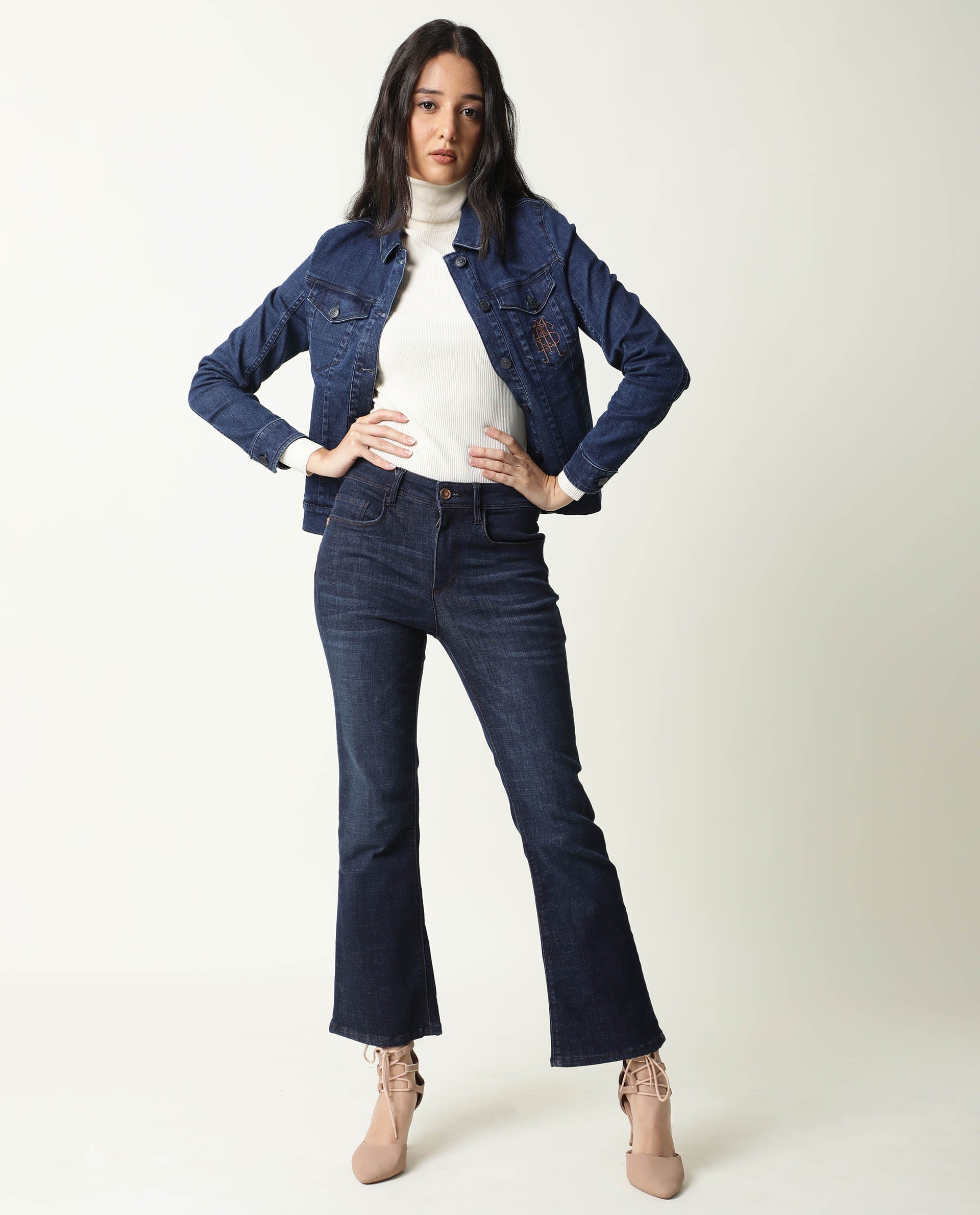 Rareism Women Misso Dark Blue Cotton Lycra Fabric Full Sleeves Solid Shirt Collar Jacket