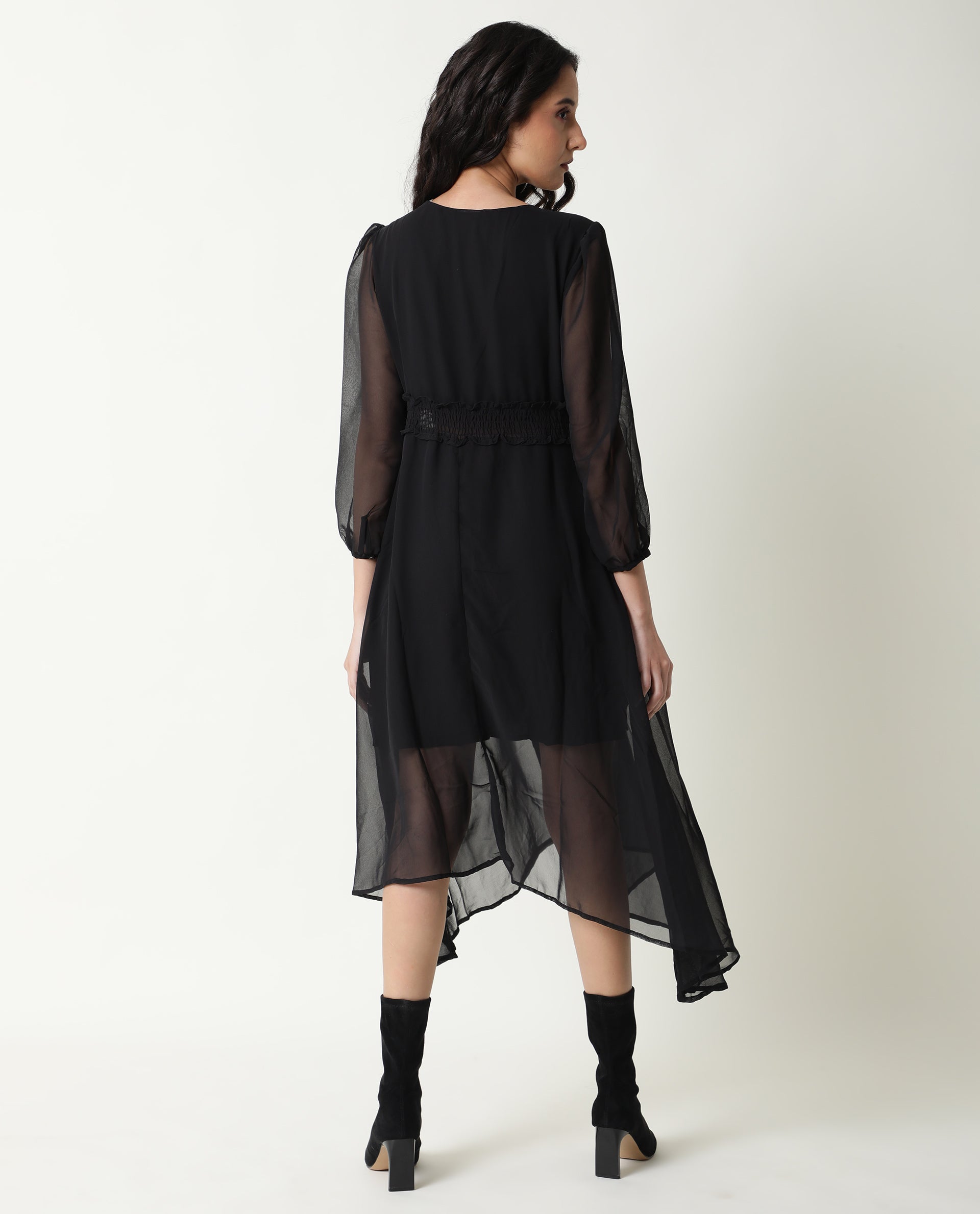 Rareism Women Ommet Black V Neck Criss Cross Tie Up Neckline Full Sleeve Smocked Waist Panel Asymmetric Knee Length Dress