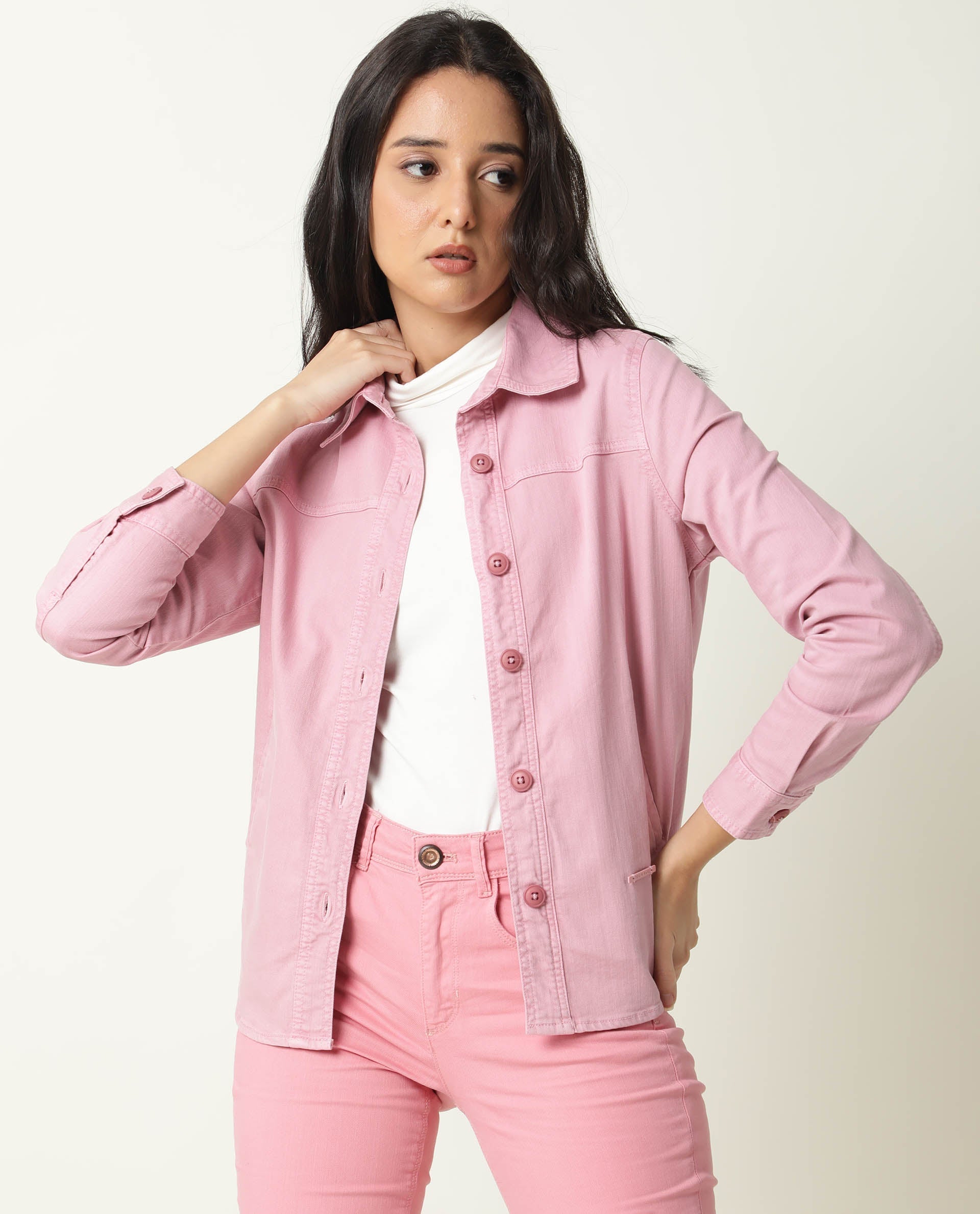 Rareism Women Mission Pink Cotton Lycra Fabric Full Sleeves Solid Shirt Collar Jacket