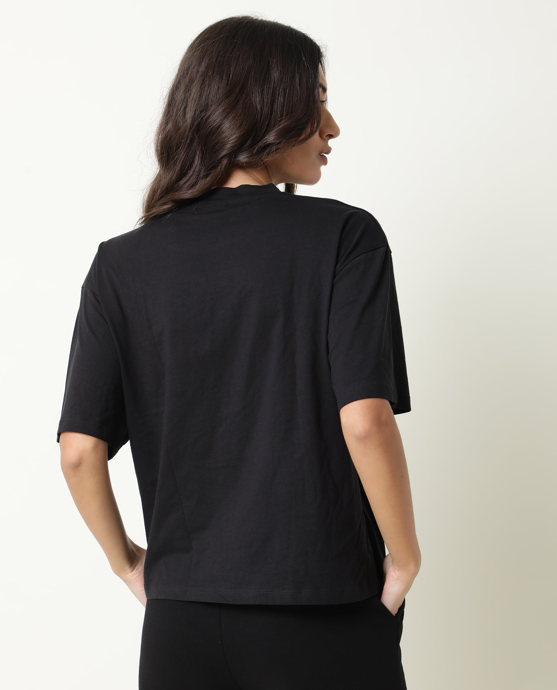 Rareism Womens Nat Black T-Shirt Cotton Fabric Regular Fit Half Sleeve Round Neck