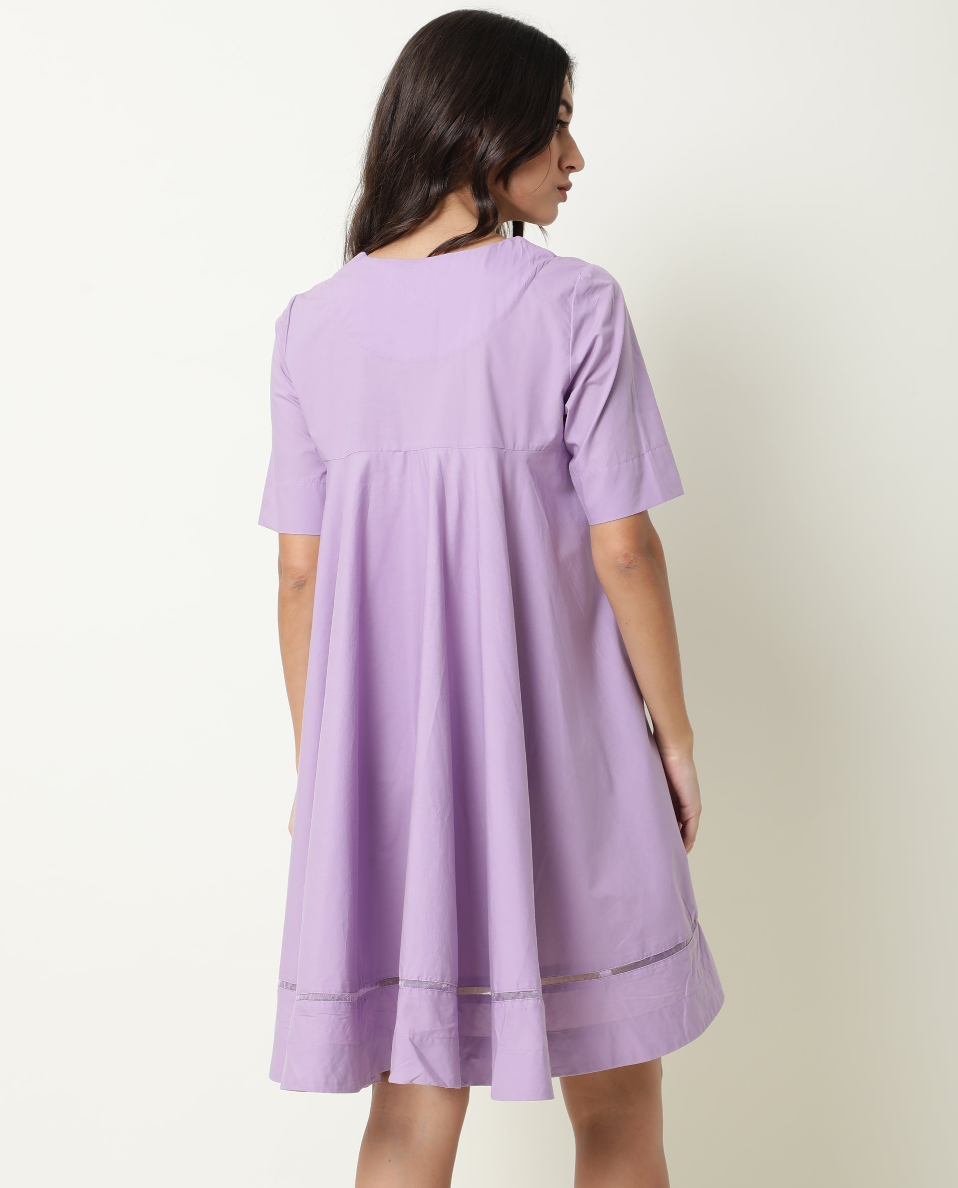 Rareism Women Scream Pastel Purple Cotton Fabric Half Sleeves Ruffled Neck Solid Knee Length Dress