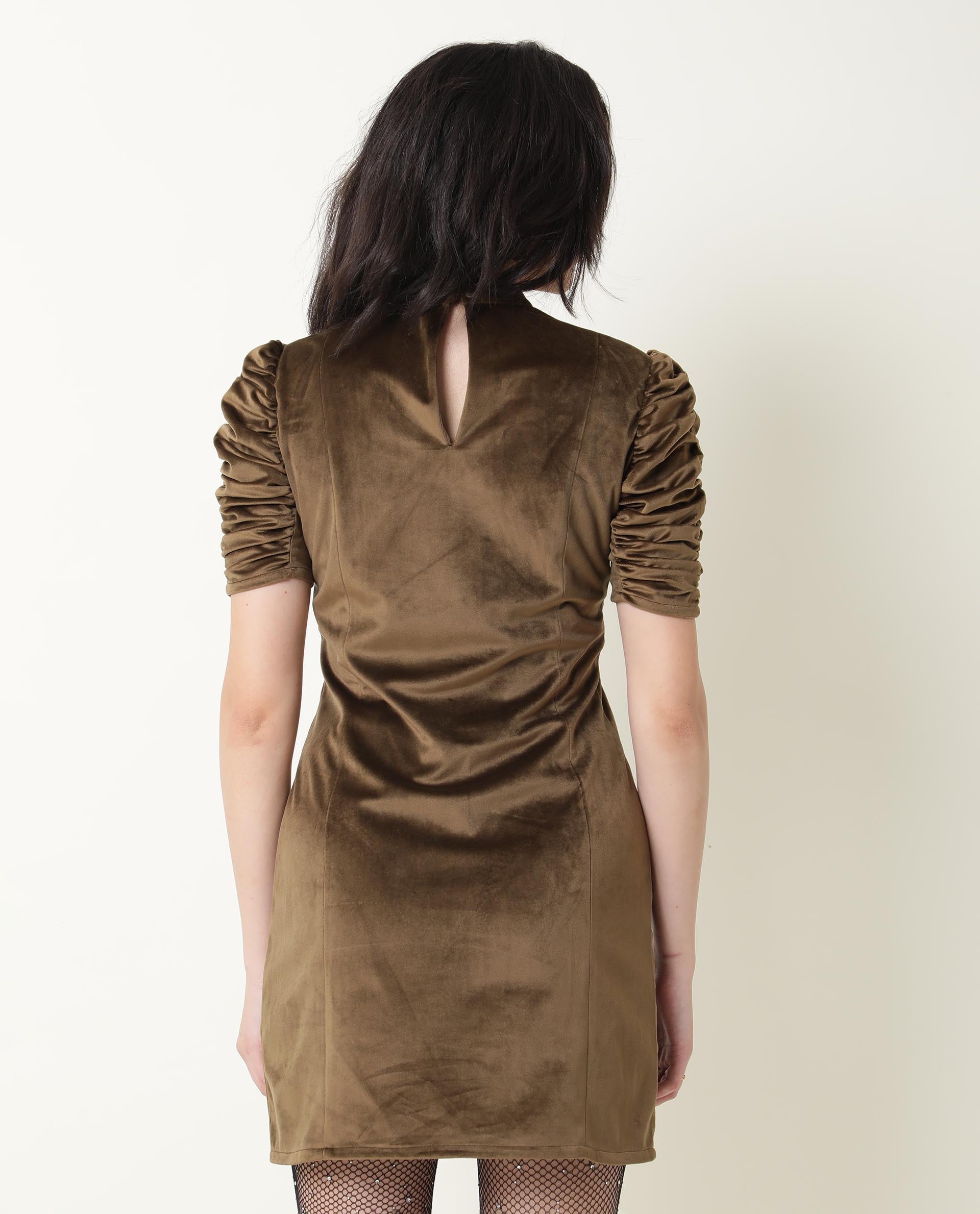 Rareism Women Winey Olive Round Neck Ruched Half Sleeves Mini Dress