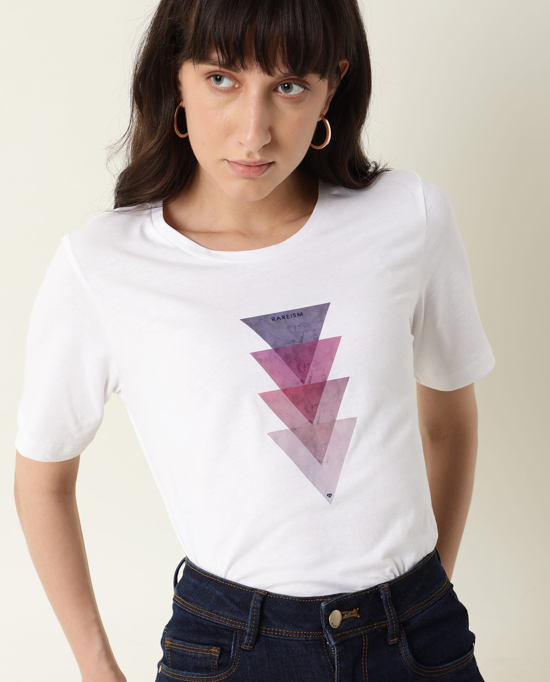 Rareism Womens Basic Tee 3 White T-Shirt Cotton Fabric Fitted Fit Short Sleeve Round Neck