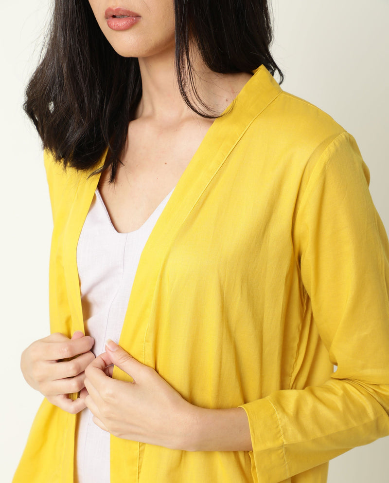 Rareism Women Java Yellow Cotton Fabric 3/4Th Sleeves Solid Collarless Knee Length Shrug