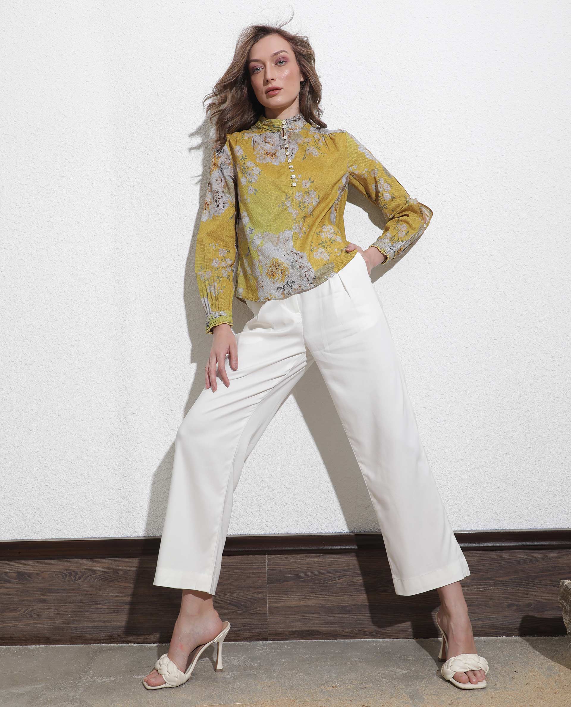 Rareism Women Morgan Dark Yellow Cotton Fabric Regular Fit High Neck Full Sleeves Floral Print Top