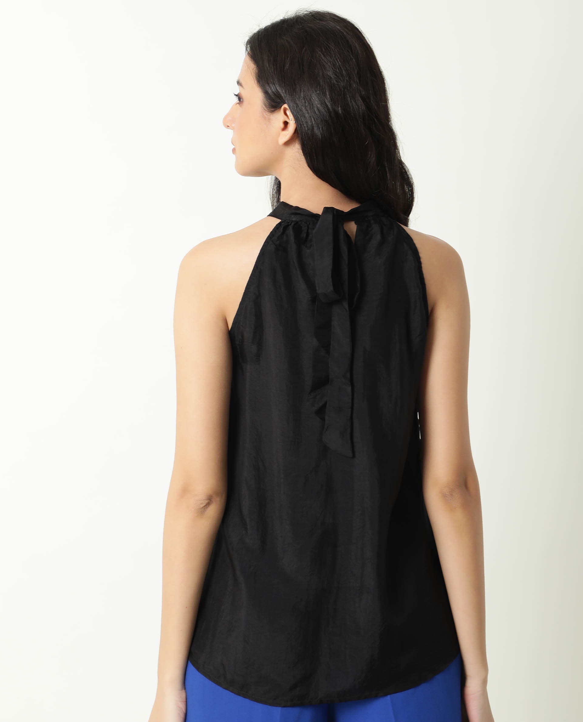 Rareism Women Sahano Black Poly Viscose Fabric Slim Fit Halter Neck Sleeveless Solid Top