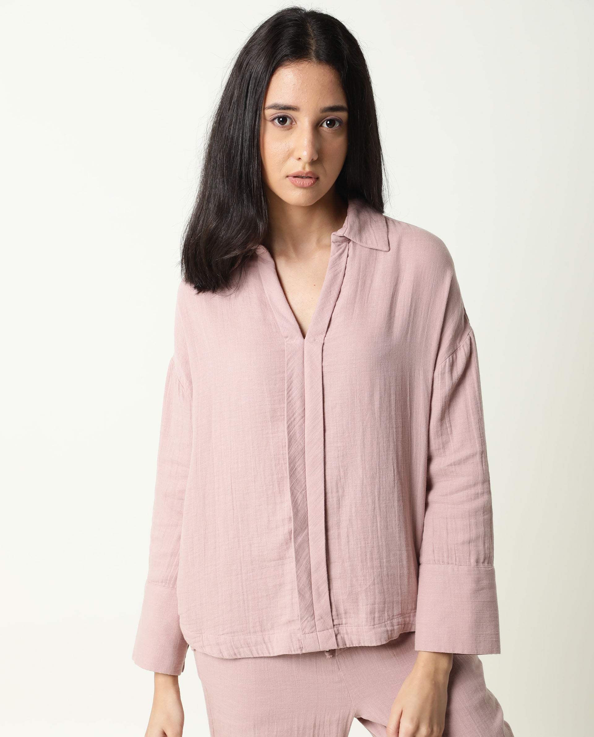 Rareism Womens Hemming Pink Top Cotton Fabric Regular Fit Cuffed Sleeve Collared Neck