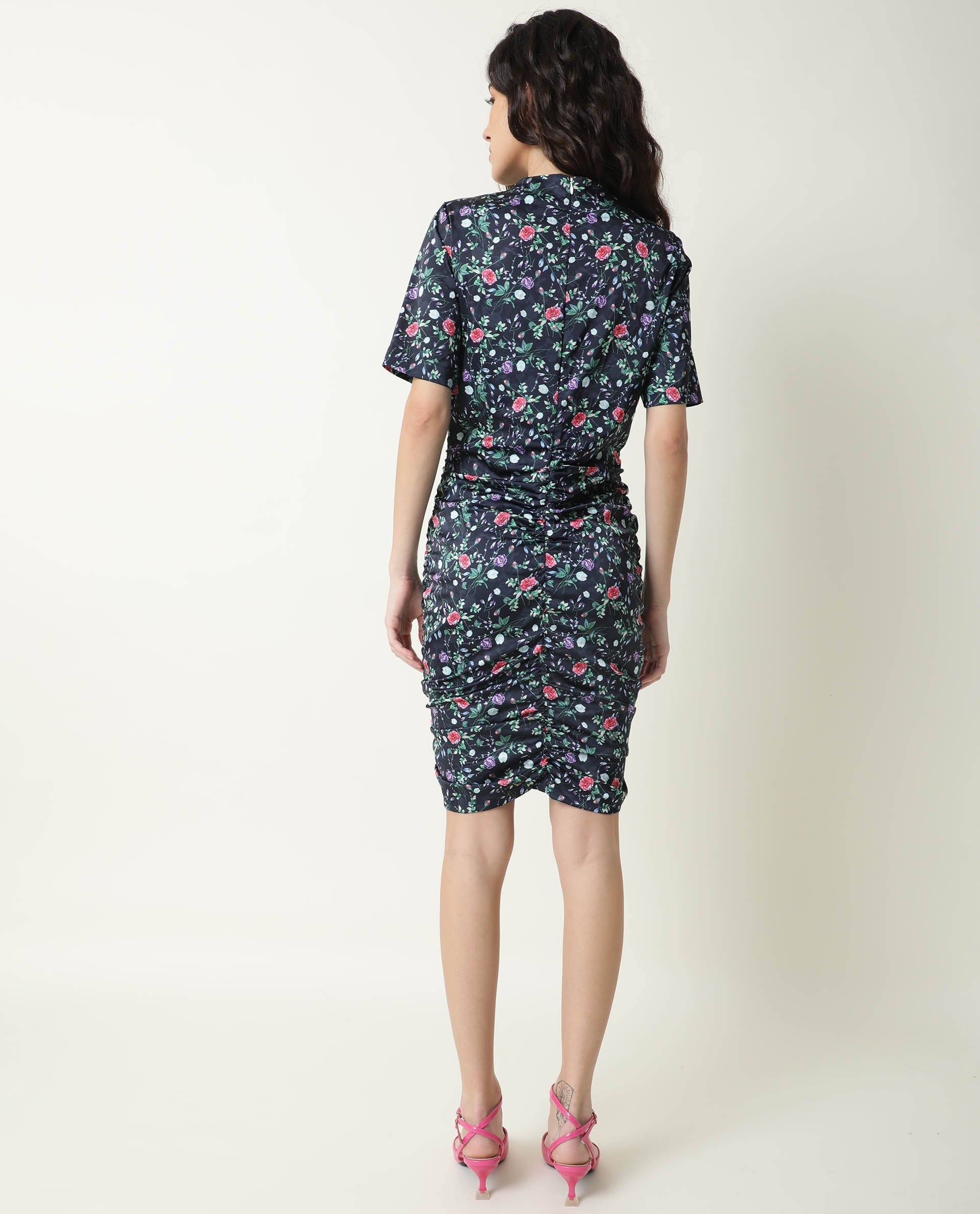 Rareism Women's John Navy Modal High Neck Floral Print Knee Length Regular Fit Dress