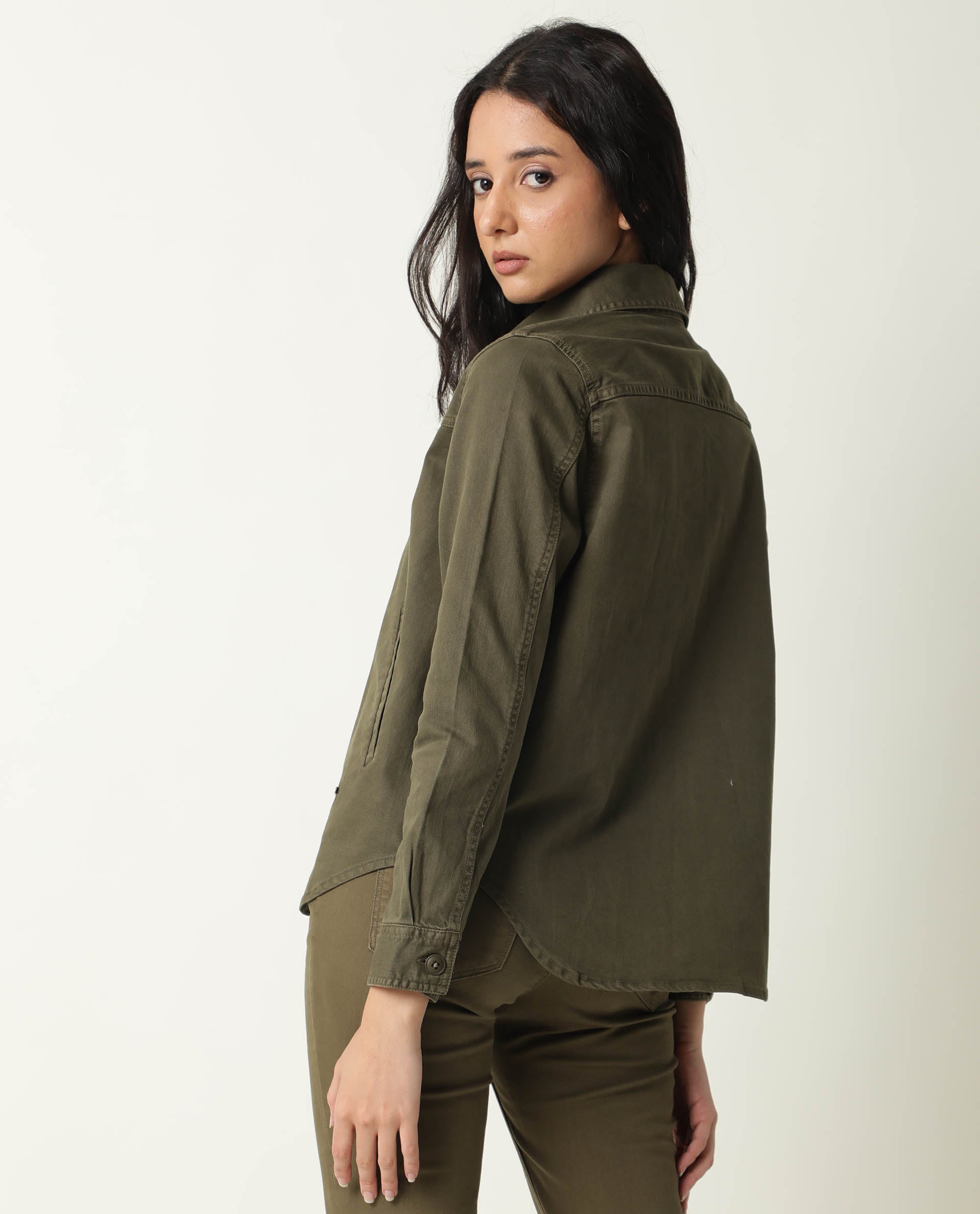Rareism Women Mission Green Cotton Lycra Fabric Full Sleeves Solid Shirt Collar Jacket