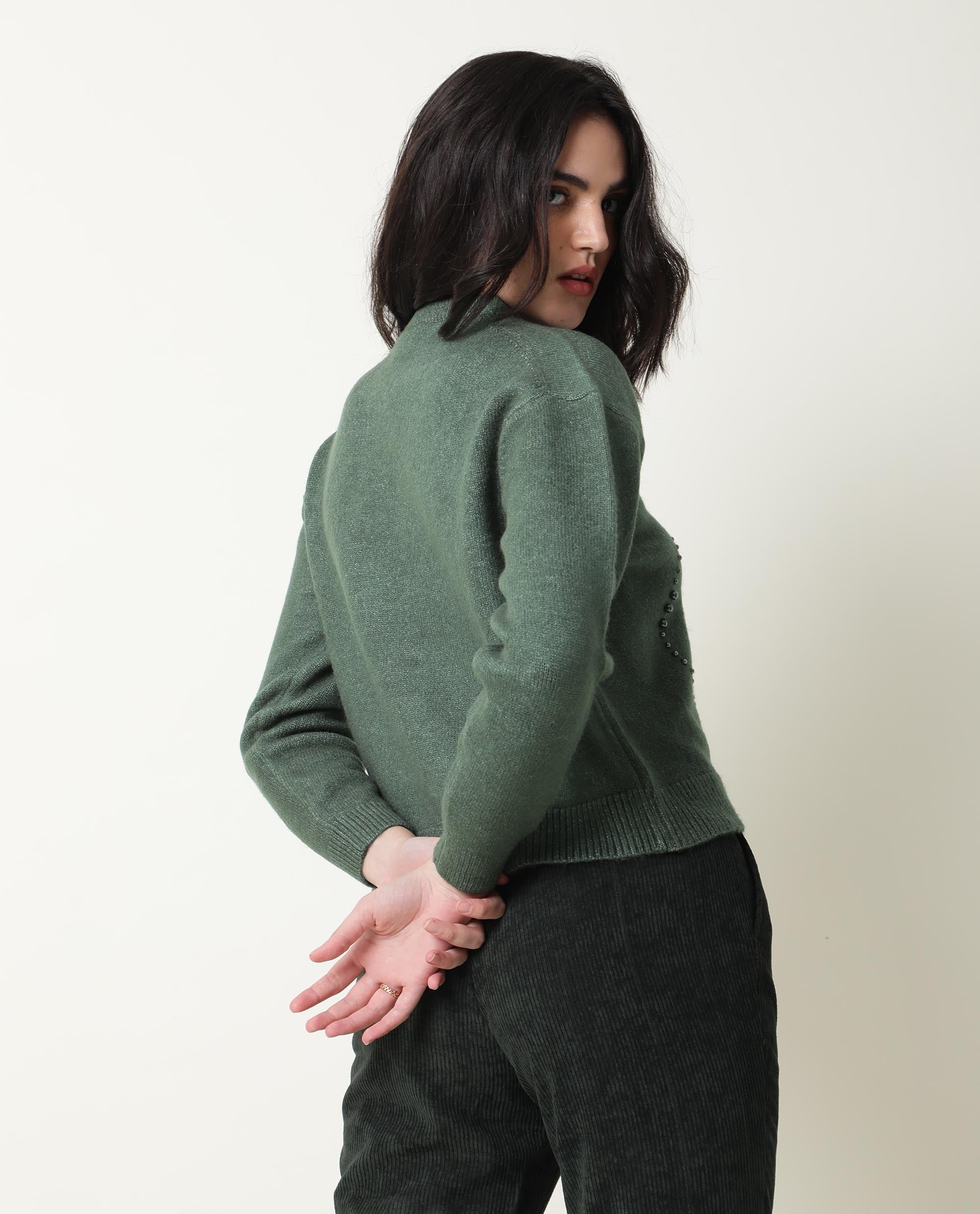 Rareism Women Tulsy Olive Acrylic Fabric Full Sleeves Knee Length Regular Fit Sequined Round Neck Sweater
