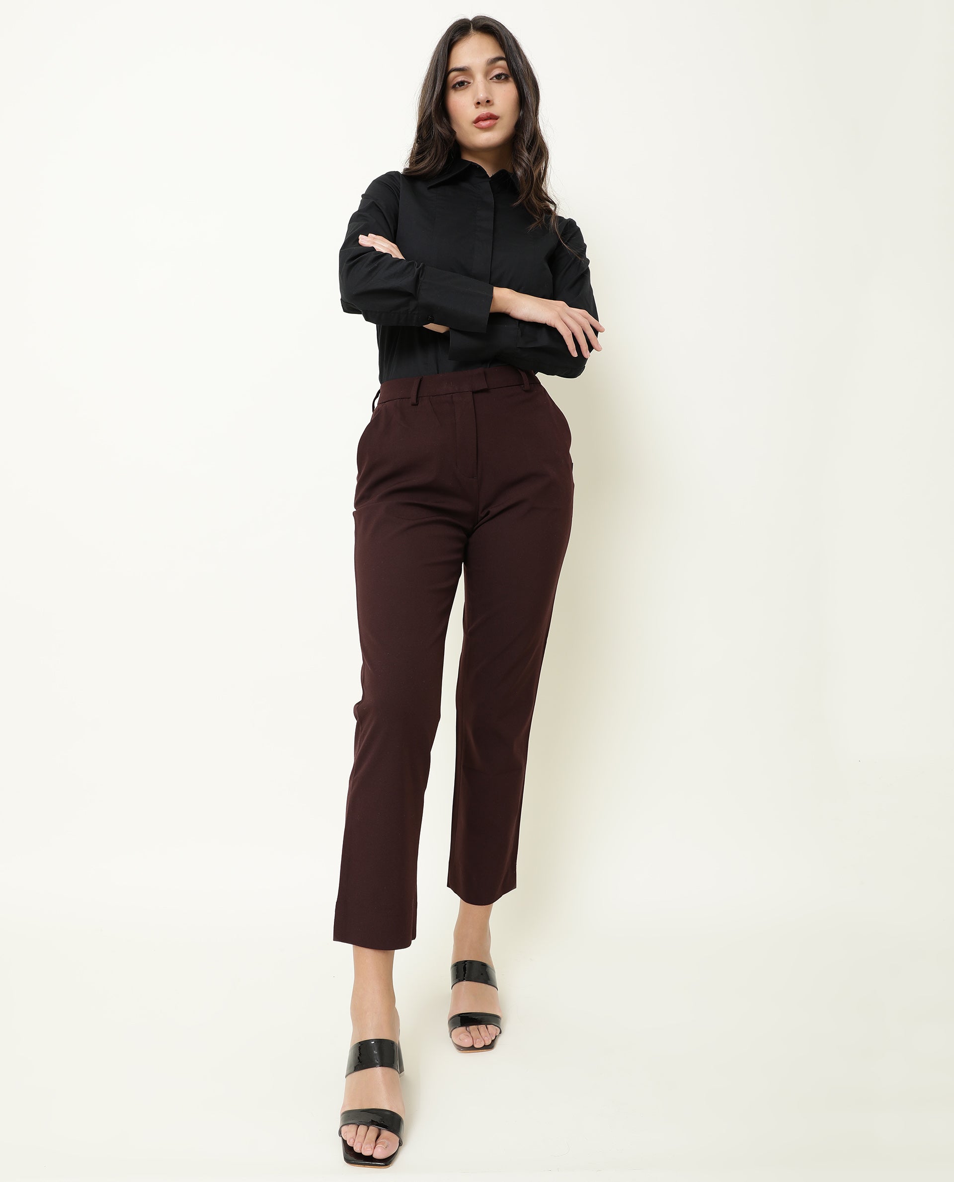 Rareism Women Yard Maroon Poly Cotton Fabric Tailored Fit Mid Rise Solid Ankle Length Trousers