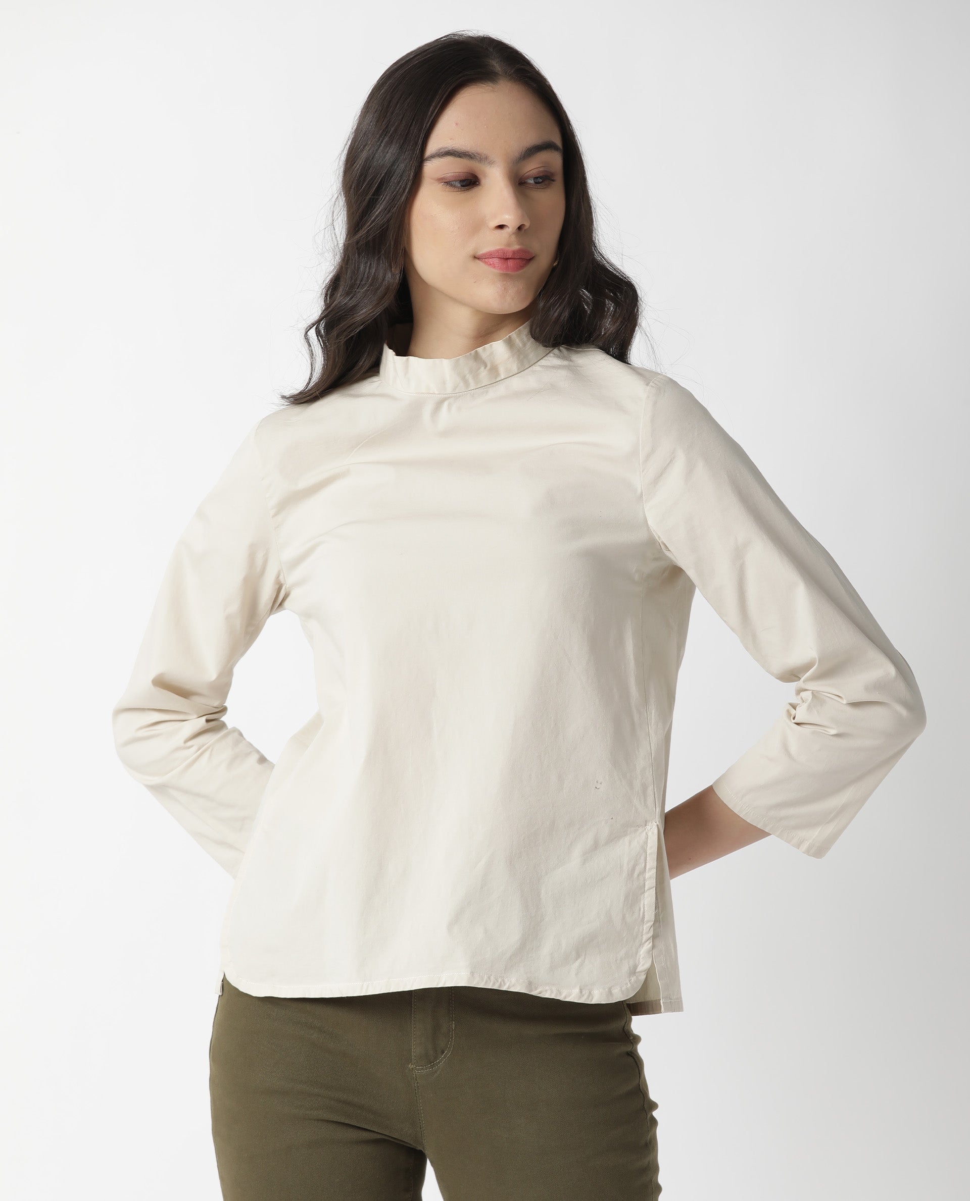 Rareism Womens Monet Beige Top Cotton Lycra Fabric Regular Fit 3/4 Sleeve Collared Neck