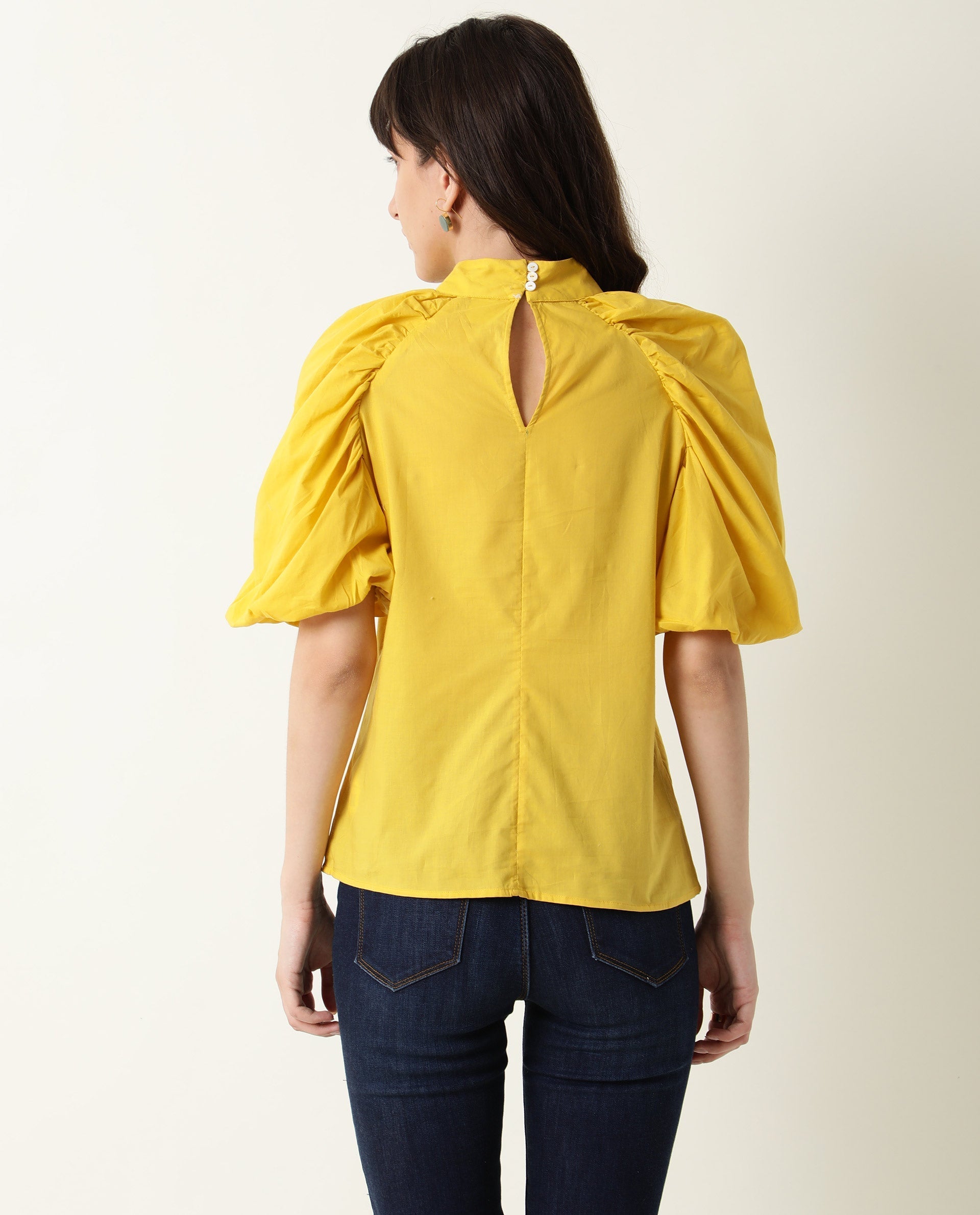 Rareism Womens Bobby Yellow Top Cotton Fabric Half Sleeve High Neck